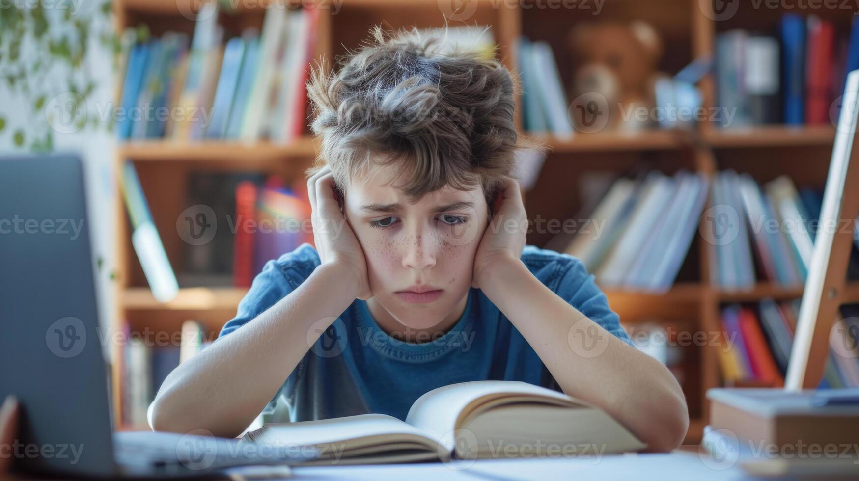 A boy is sitting at a desk, engaged in reading a book and typing on a laptop computer. photo