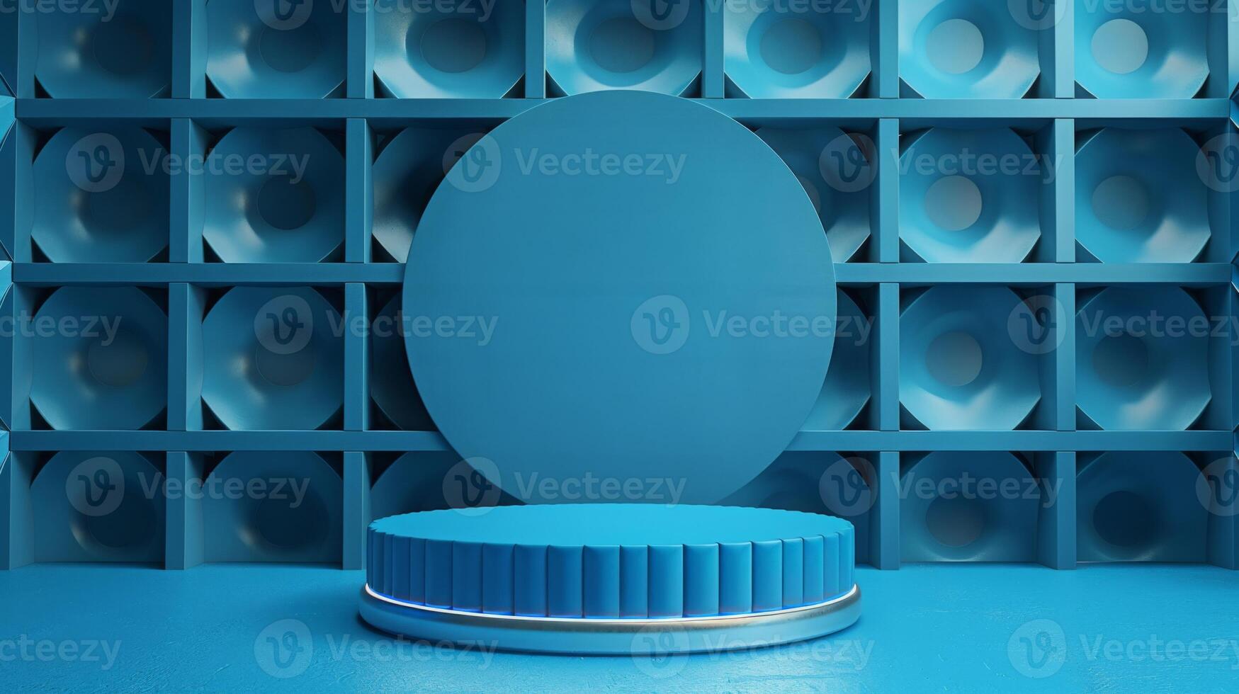 A modern blue stage set with a circular platform and grid-patterned background under studio lighting, ready for a presentation or performance. photo