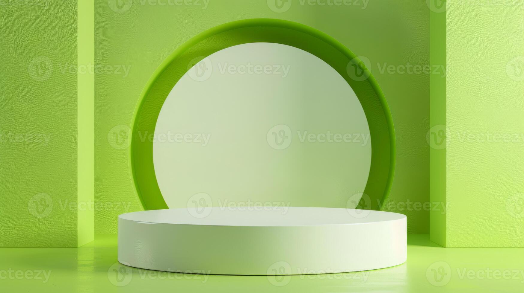 A green, minimalistic, abstract background features a round white podium centered under soft light, creating a modern vibe. photo