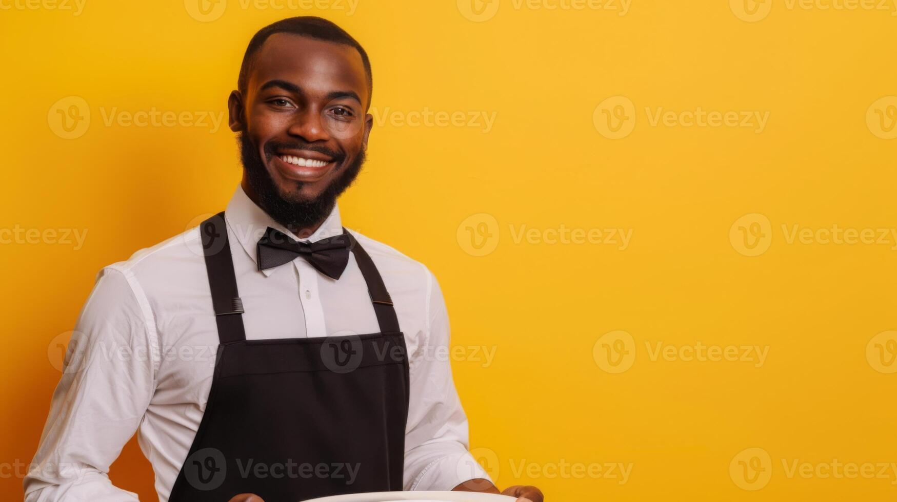 A cheerful waiter wearing a black apron and bow tie holds a plate, standing in front of a vibrant yellow background. photo