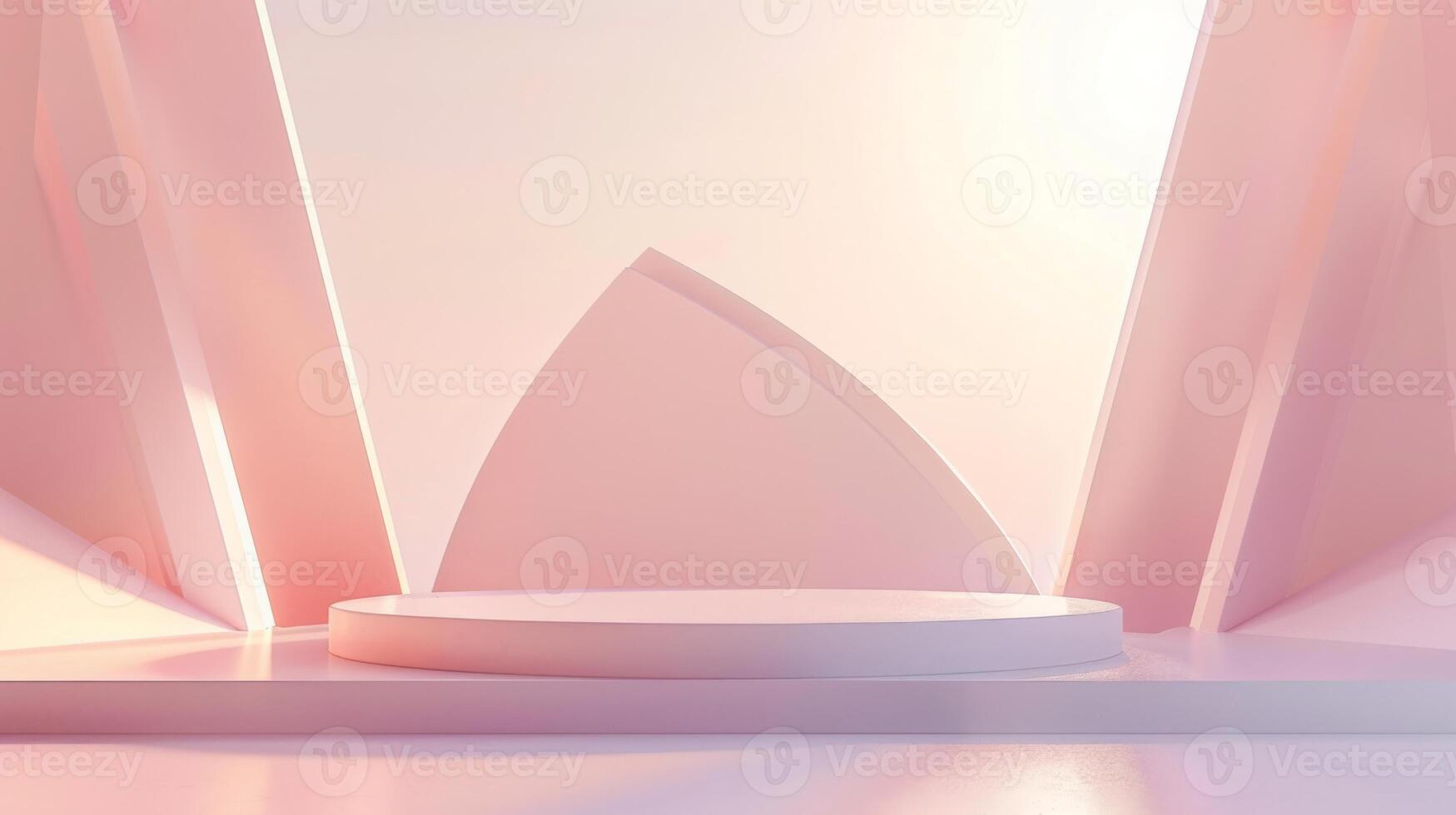 A minimalistic display pedestal is set against a soft pink geometric backdrop with gentle lighting, creating an elegant atmosphere perfect for showcasing products or art pieces. photo