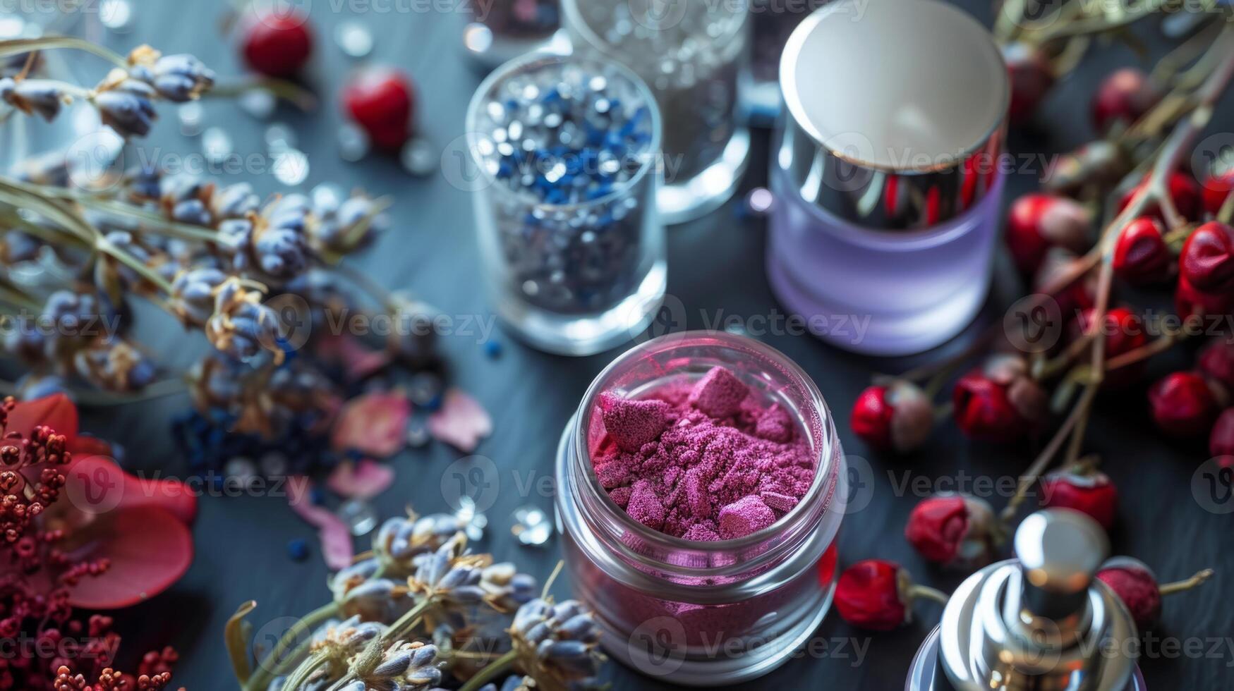 A detailed view of a jar filled with powder resting on a table surface. photo