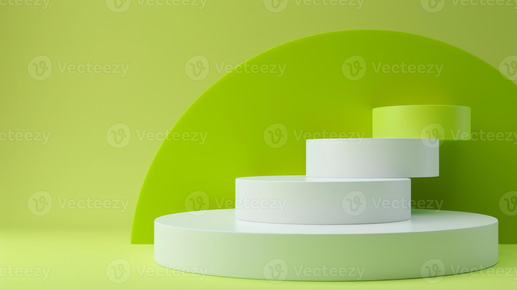 A series of white cylindrical pedestals arranged in a spiral pattern against a lime green backdrop, well-lit by daylight. photo