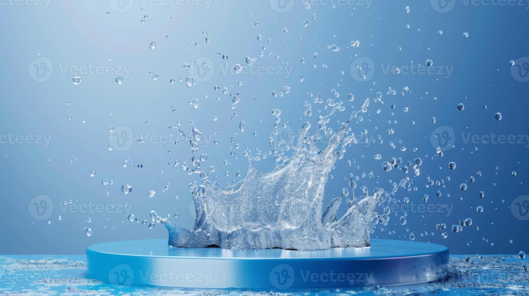 Water splashes onto a circular platform, scattering droplets in an indoor setting with a blue gradient backdrop. photo