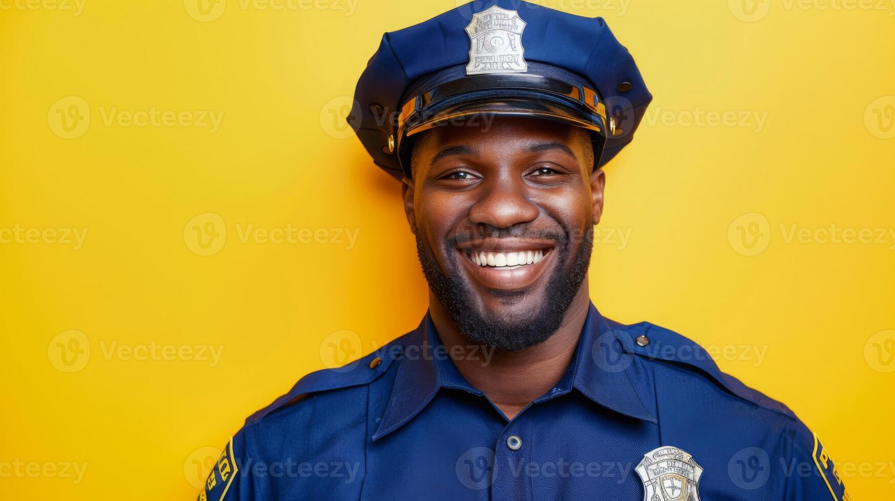 A police officer in uniform smiling and looking friendly against a bright yellow background. photo
