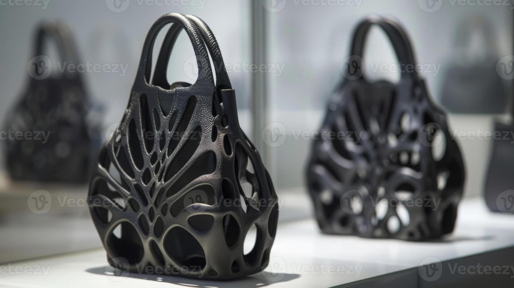 Two black handbags are showcased inside a glass display case, neatly arranged for viewing and purchase. photo
