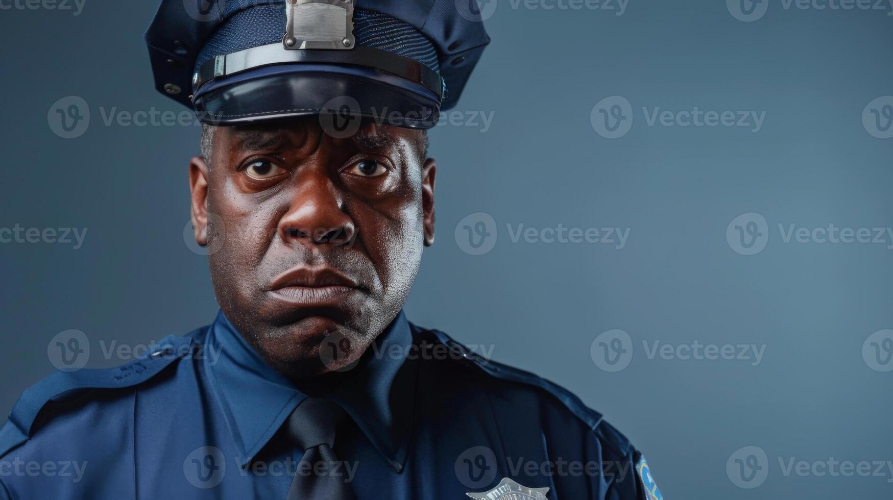 A stern-looking black police officer dressed in a formal uniform stands against a plain blue background, exhibiting professionalism. photo