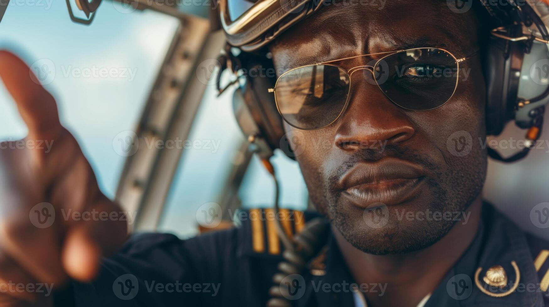 A focused airline pilot wears headsets and aviator sunglasses inside the cockpit, appearing to communicate and navigate during daylight hours. photo