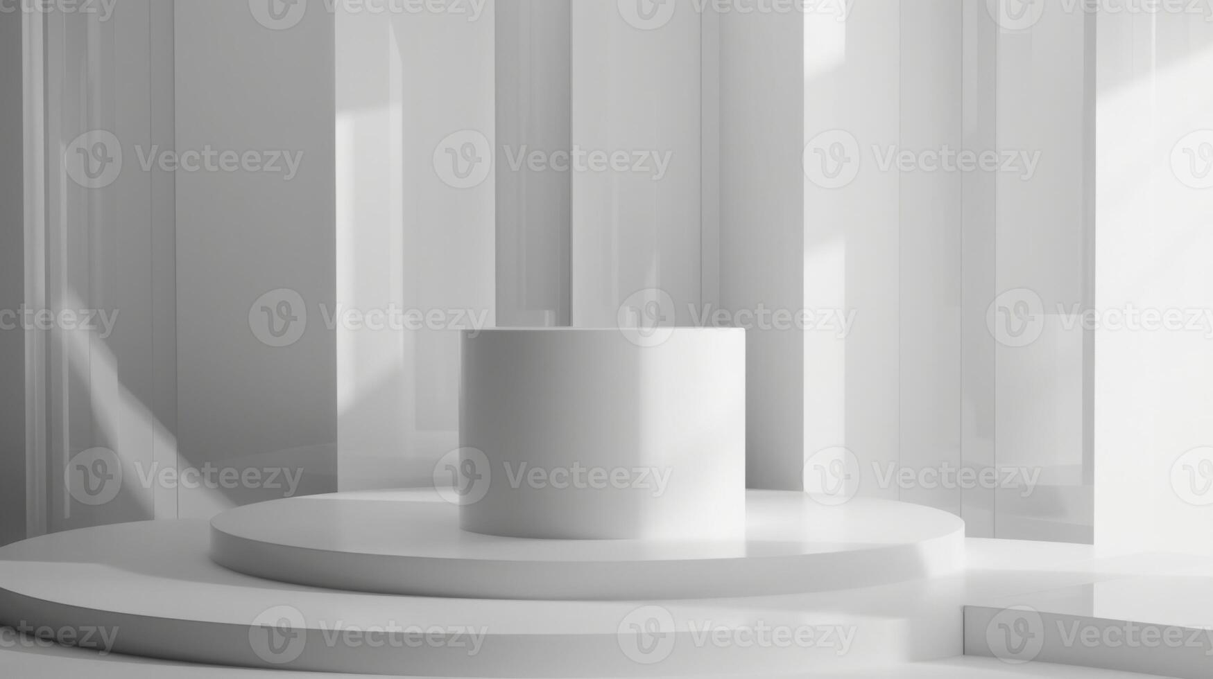A cylindrical white pedestal stands in the center of a minimalist room with vertical panels, bathed in natural morning light. photo