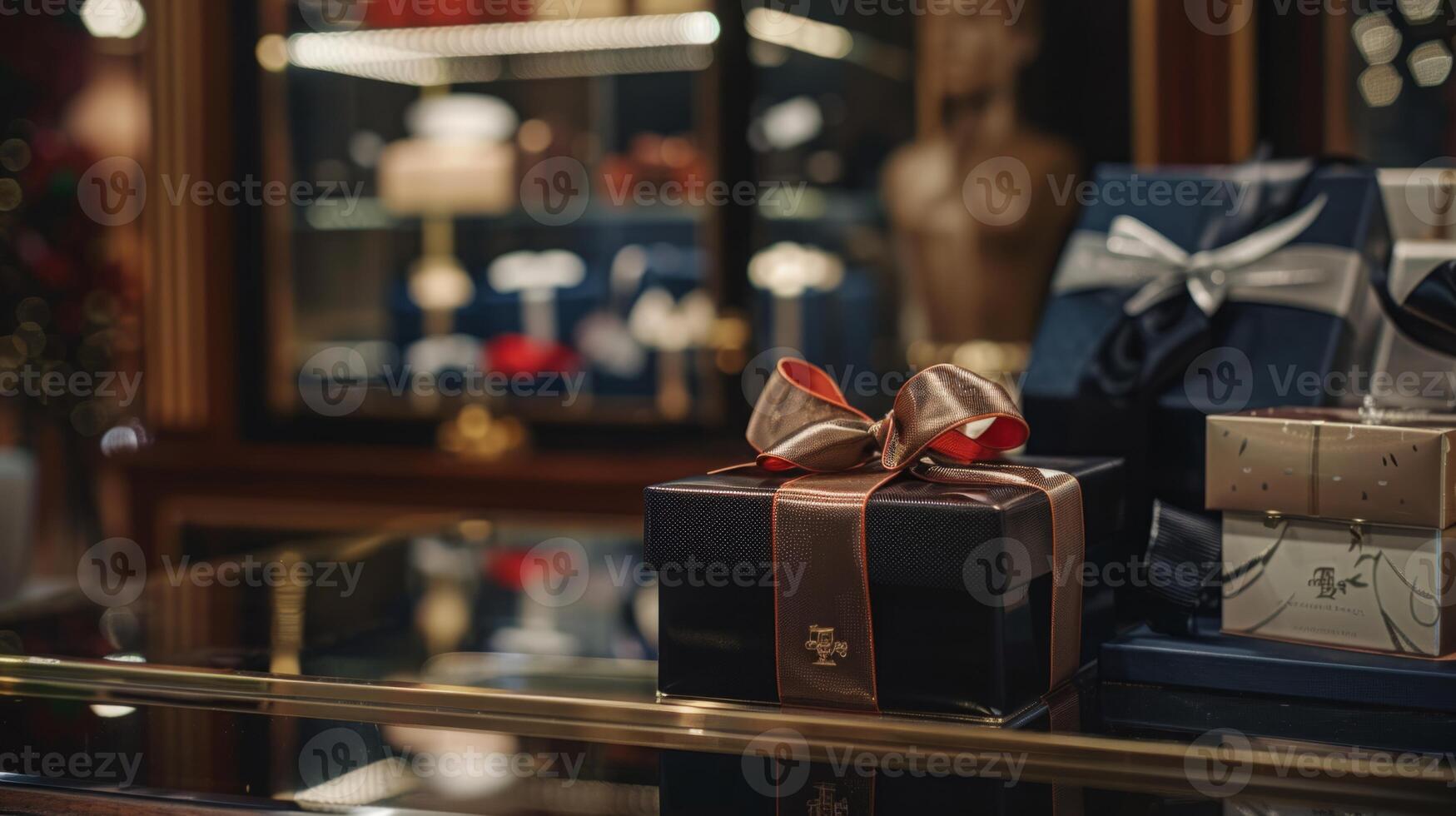 Various gift boxes are neatly arranged in a glass display case, showcasing a variety of designs and sizes. photo