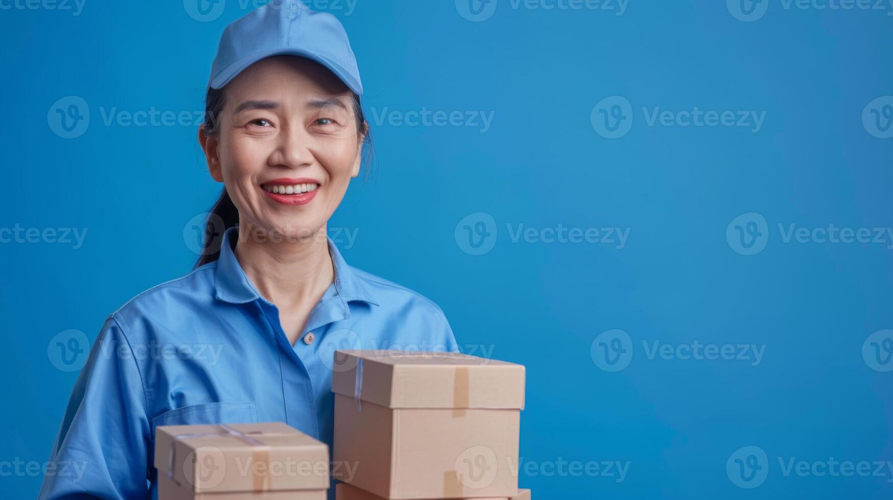 A cheerful asian delivery woman, dressed in uniform, stands against a blue background, holding several parcel boxes. photo