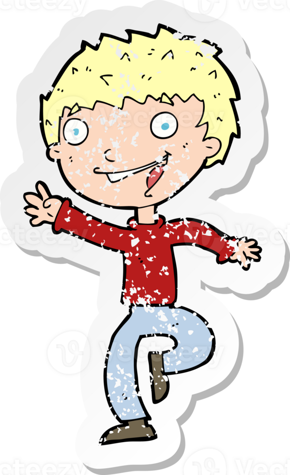 retro distressed sticker of a cartoon excited boy drawing png