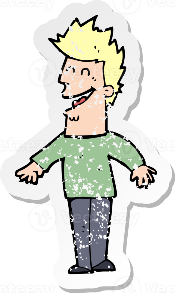 retro distressed sticker of a cartoon happy man drawing png