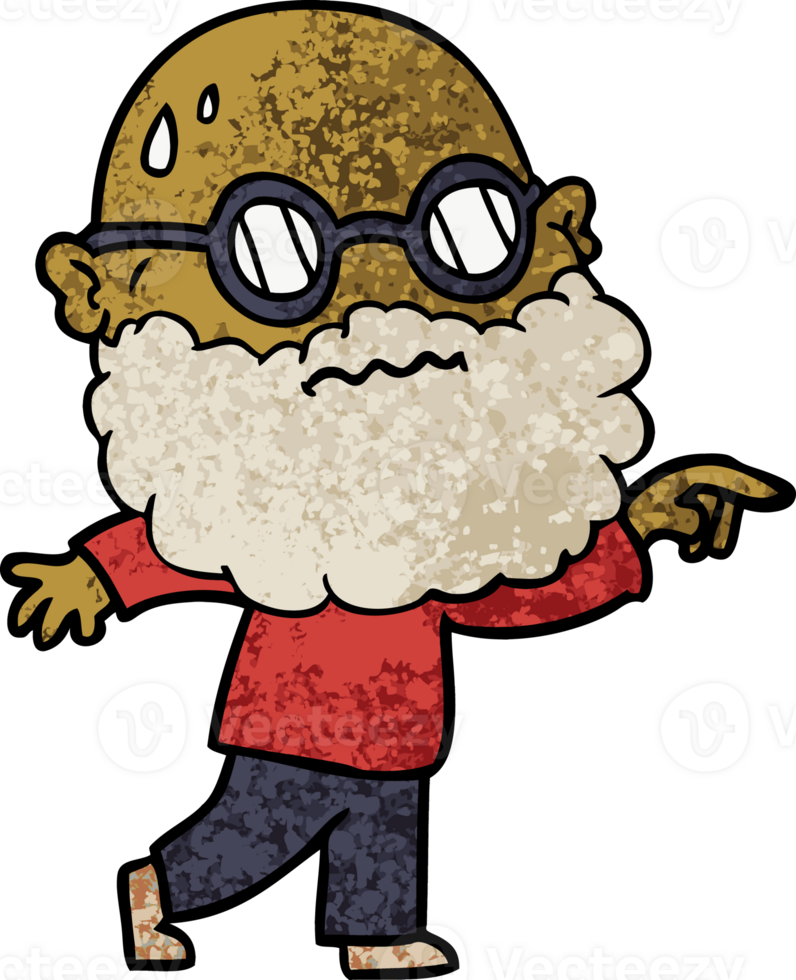 cartoon worried man with beard and spectacles pointing finger drawing png