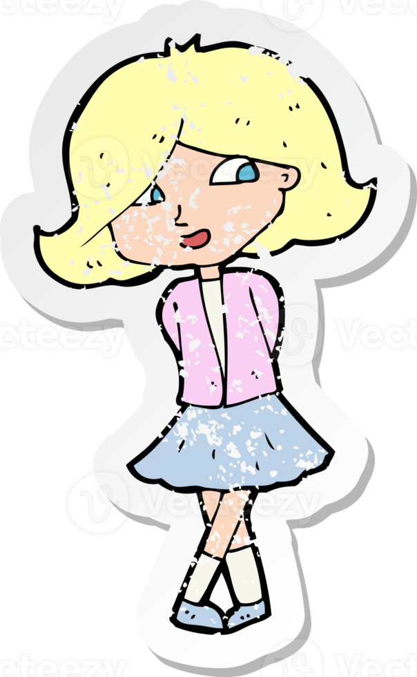 retro distressed sticker of a cartoon happy girl drawing png