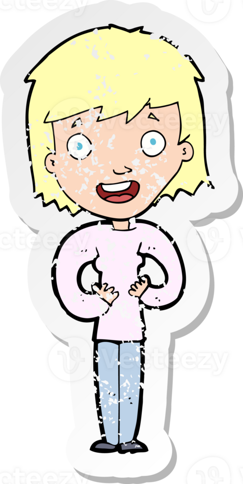 retro distressed sticker of a cartoon happy woman drawing png