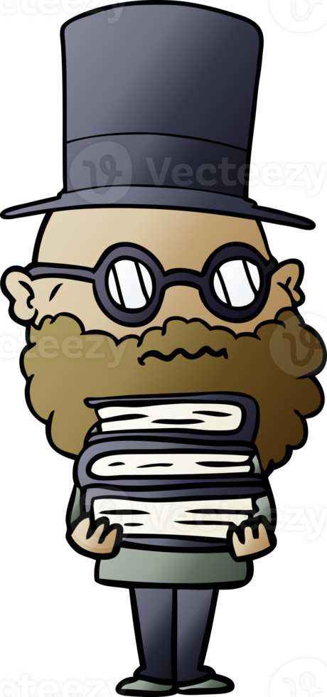 cartoon worried man with beard and stack of books drawing png