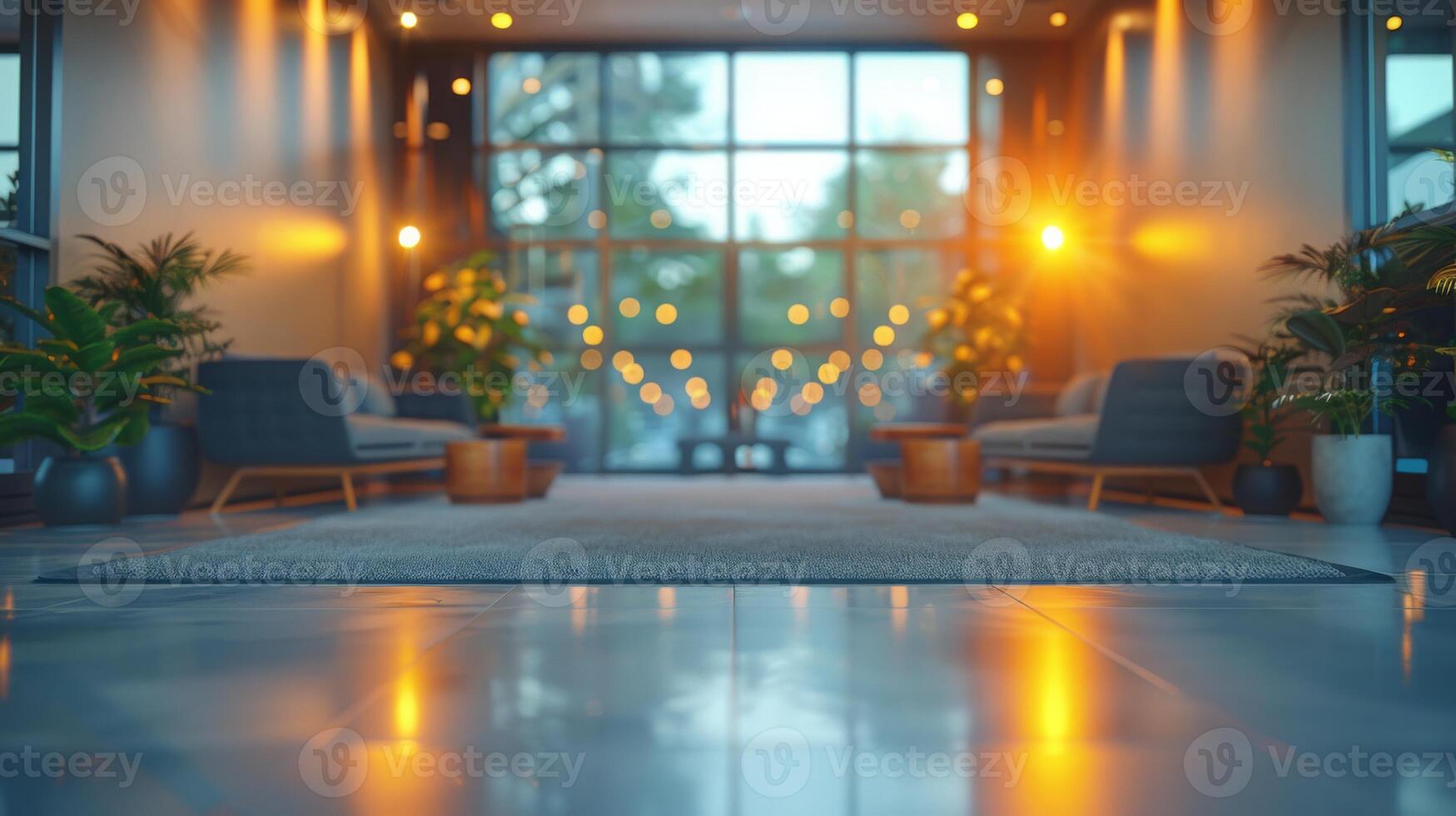 A contemporary lounge area features comfortable seating, potted plants, and ambient evening lighting, creating a warm, inviting atmosphere. photo