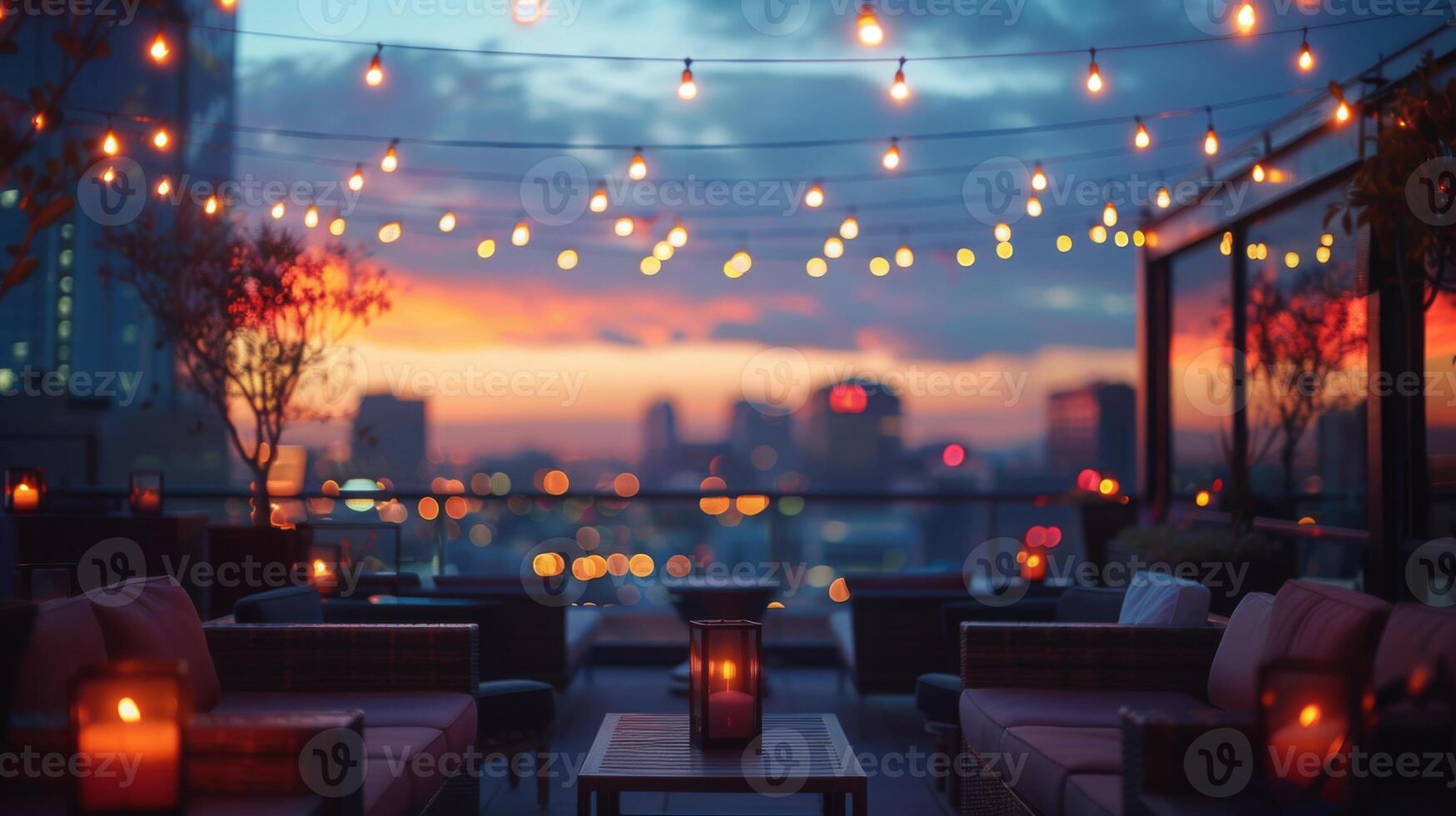 A beautiful evening scene featuring a rooftop lounge with cozy seating, string lights, and a stunning cityscape view at dusk. photo