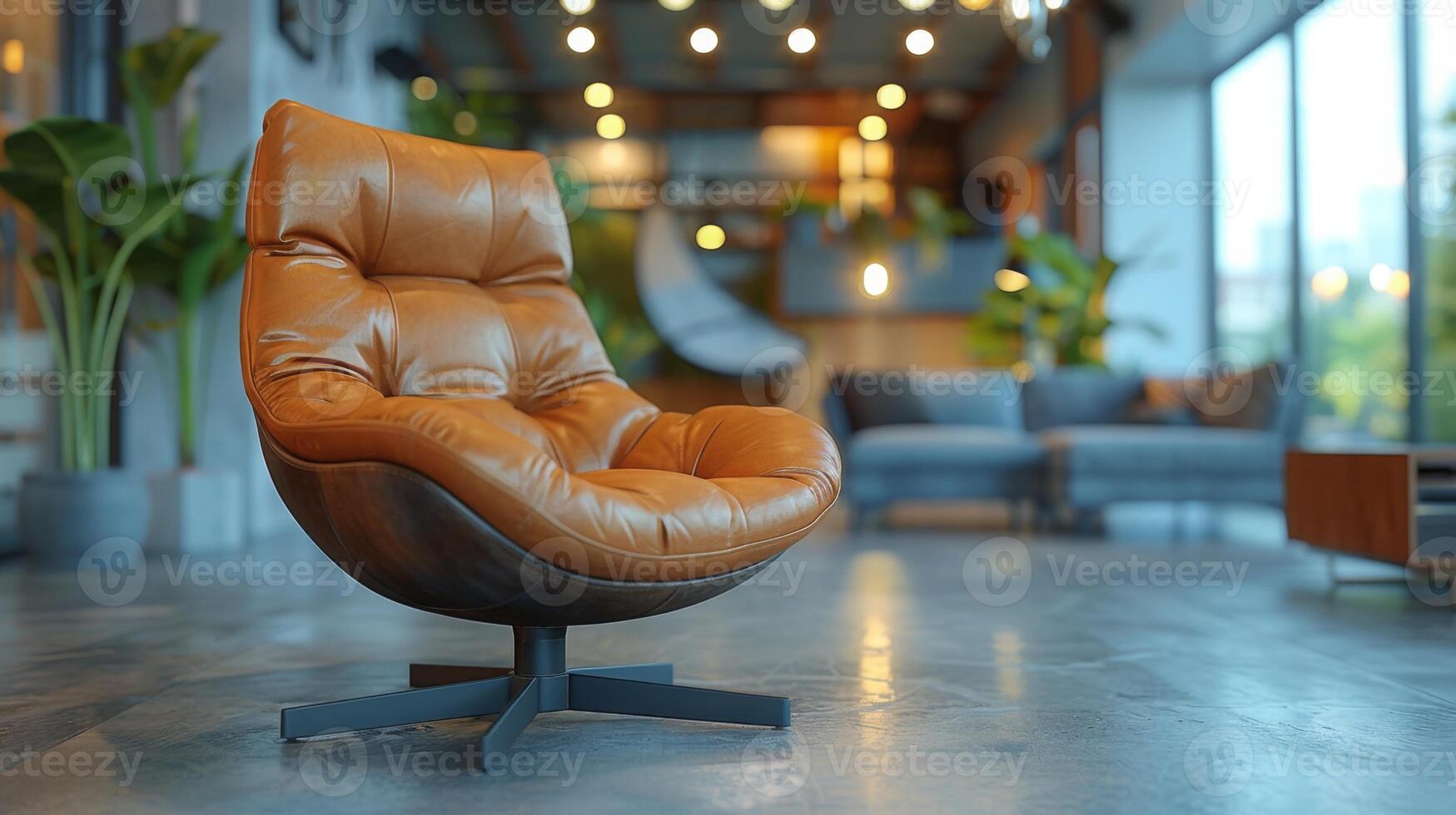 A brown leather lounge chair sits in a modern living room with large windows, plants, and a cozy ambiance. photo