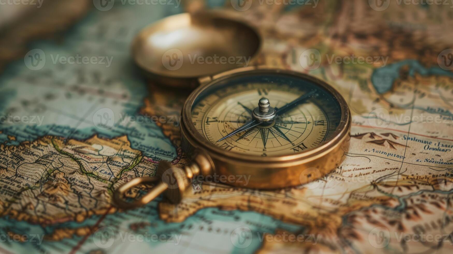 A compass placed on a map, showcasing navigation and direction finding tools for exploring terrain. photo
