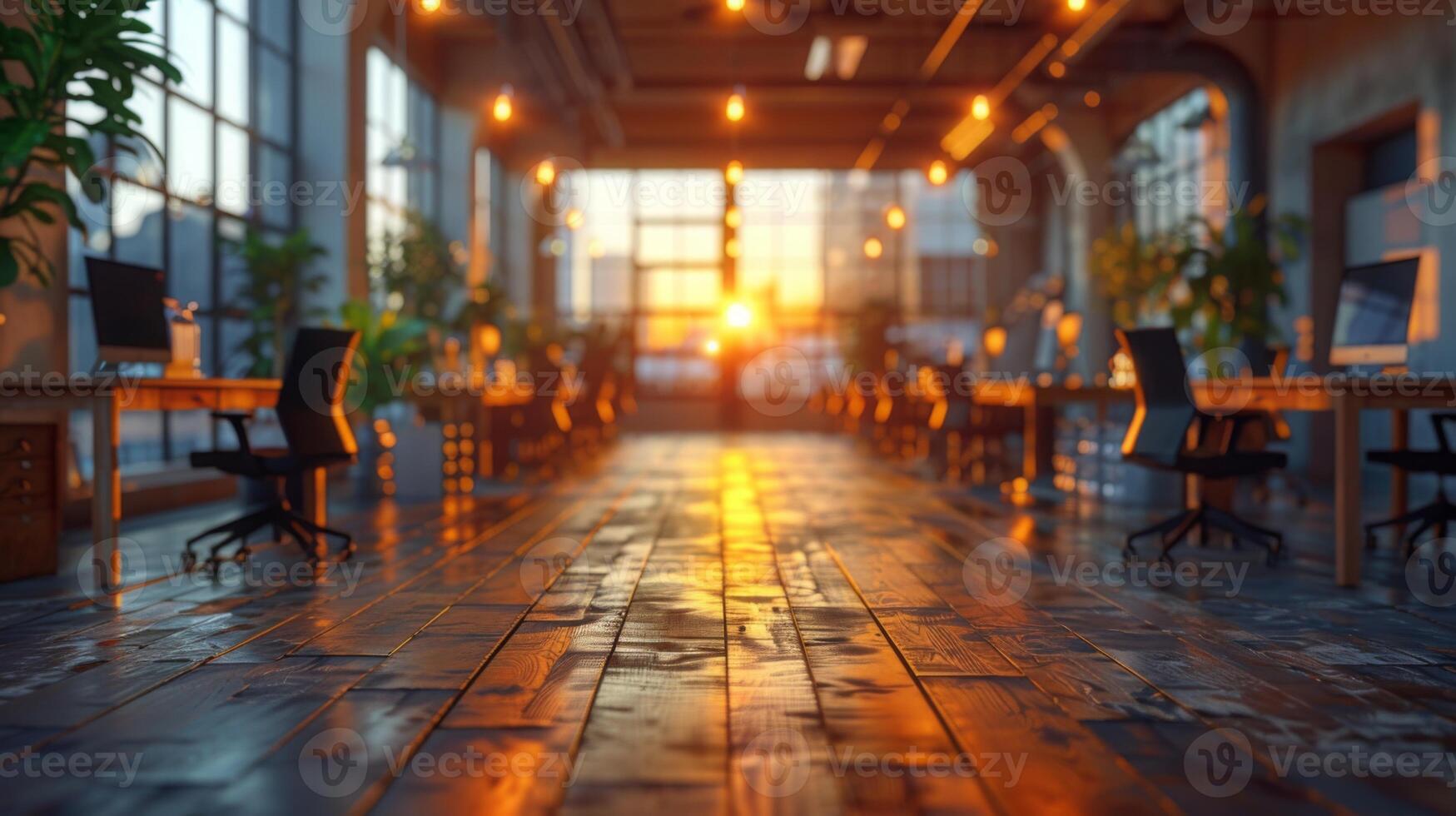 A spacious, modern office with large windows, empty desks, and chairs illuminated by warm sunset light. photo