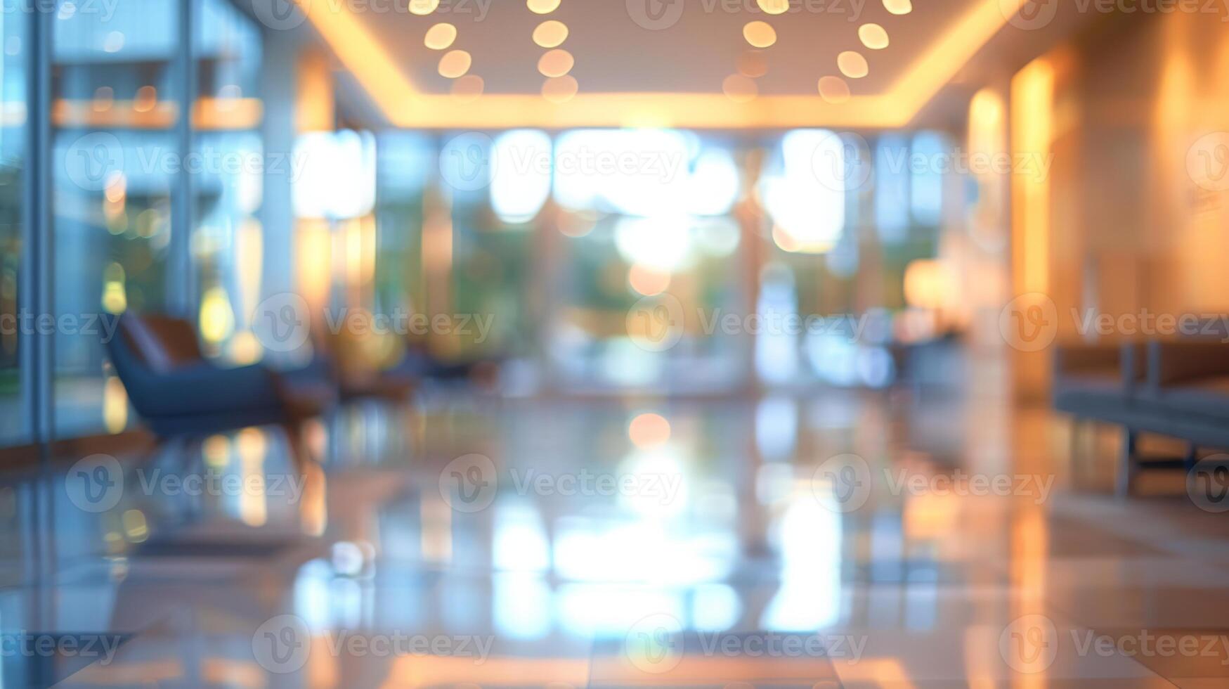 A beautifully lit modern hotel lobby in the evening, showcasing contemporary design with soft ambient lighting reflecting off the glossy floor. photo