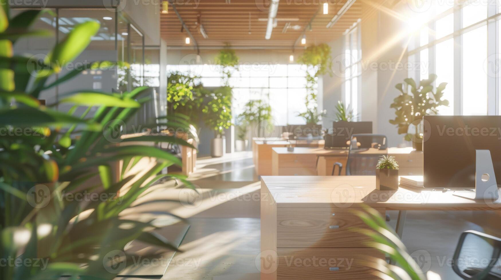 A crowded office with numerous desks and various green plants scattered around the room. photo
