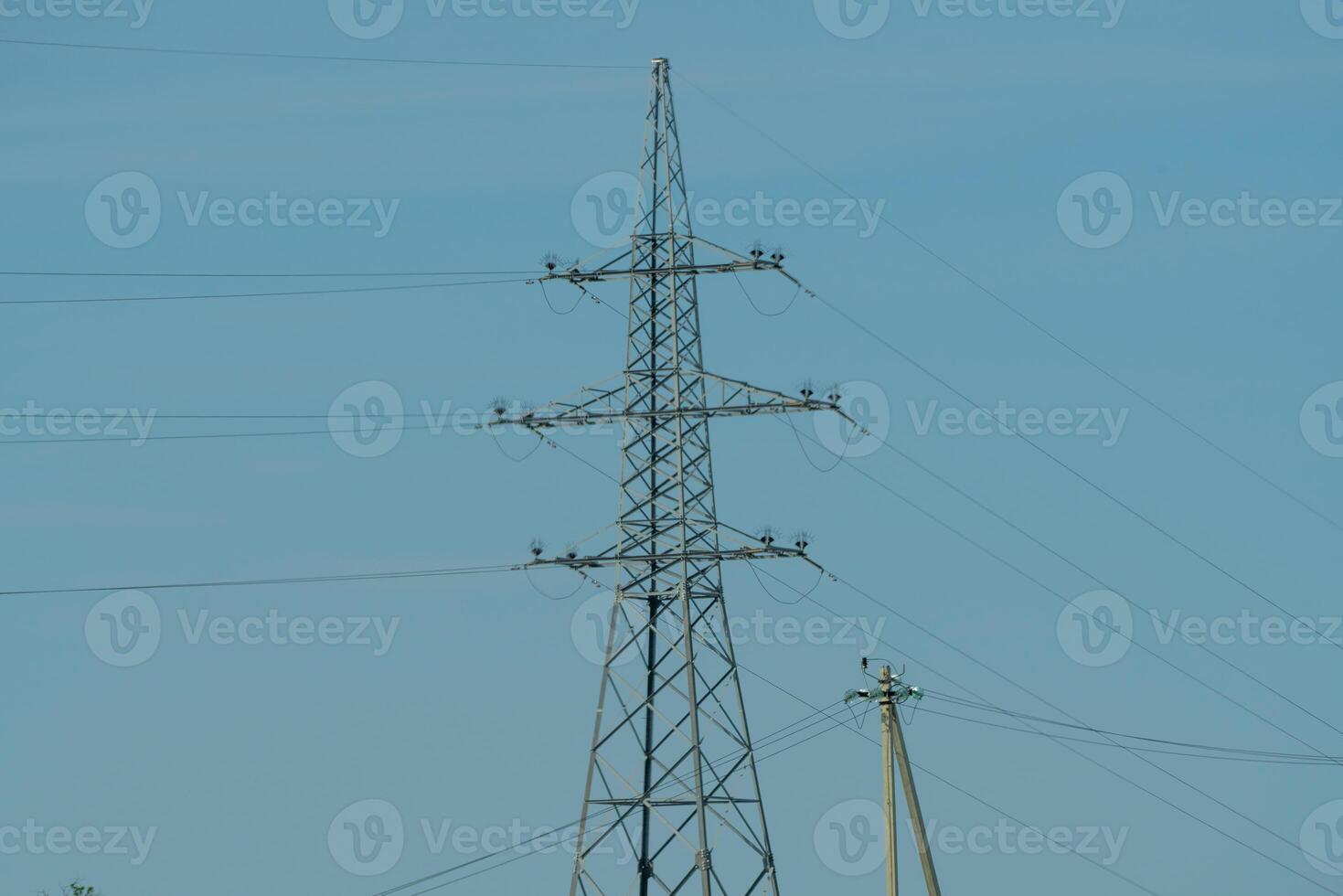 High voltage towers with sky background. Power line support with wires for electricity transmission. High voltage grid tower with wire cable at distribution station. Energy industry, energy saving photo