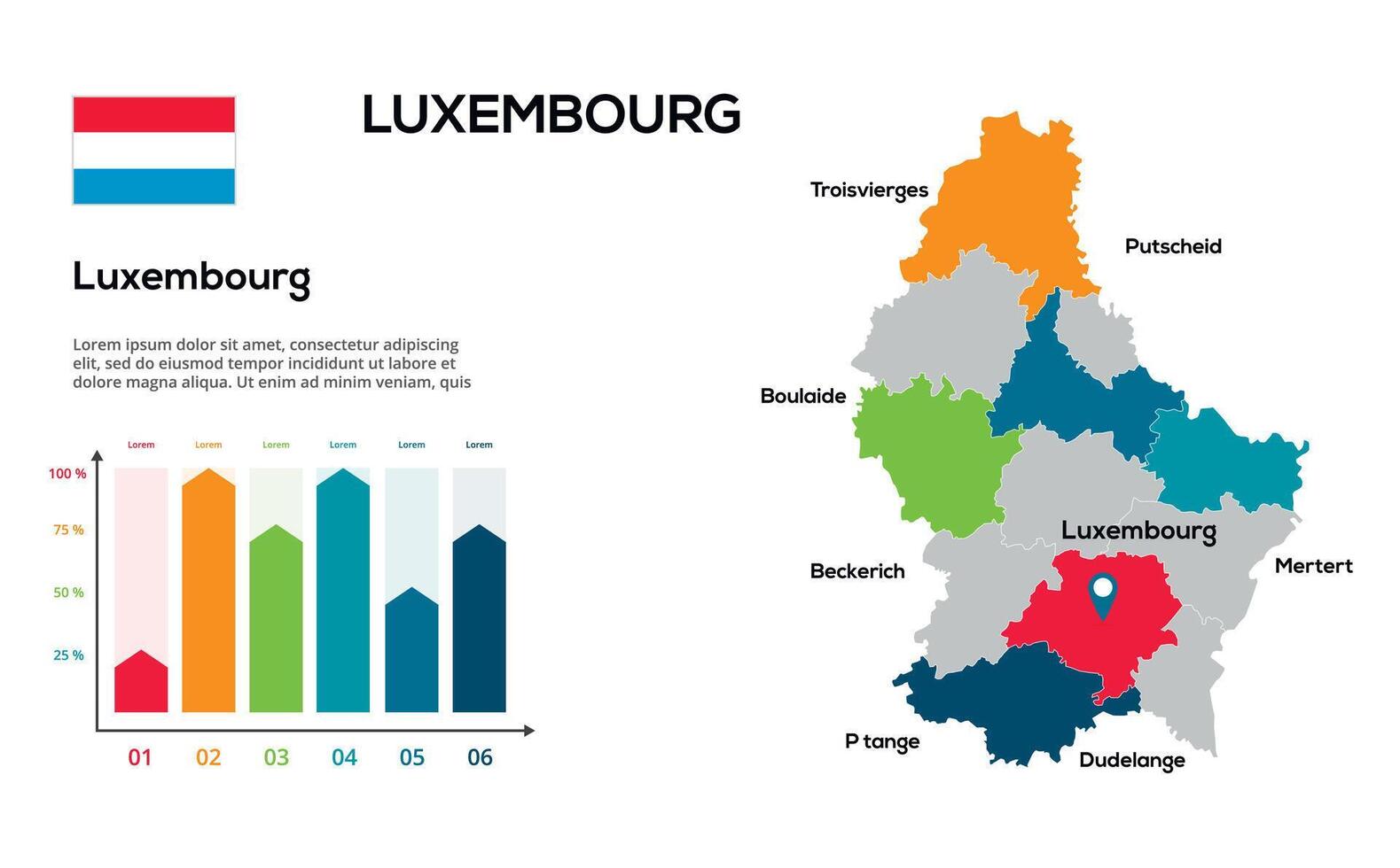 Luxembourg map. image of a global map in the form of regions of regions. Country flag. Infographic timeline. Easy to edit vector
