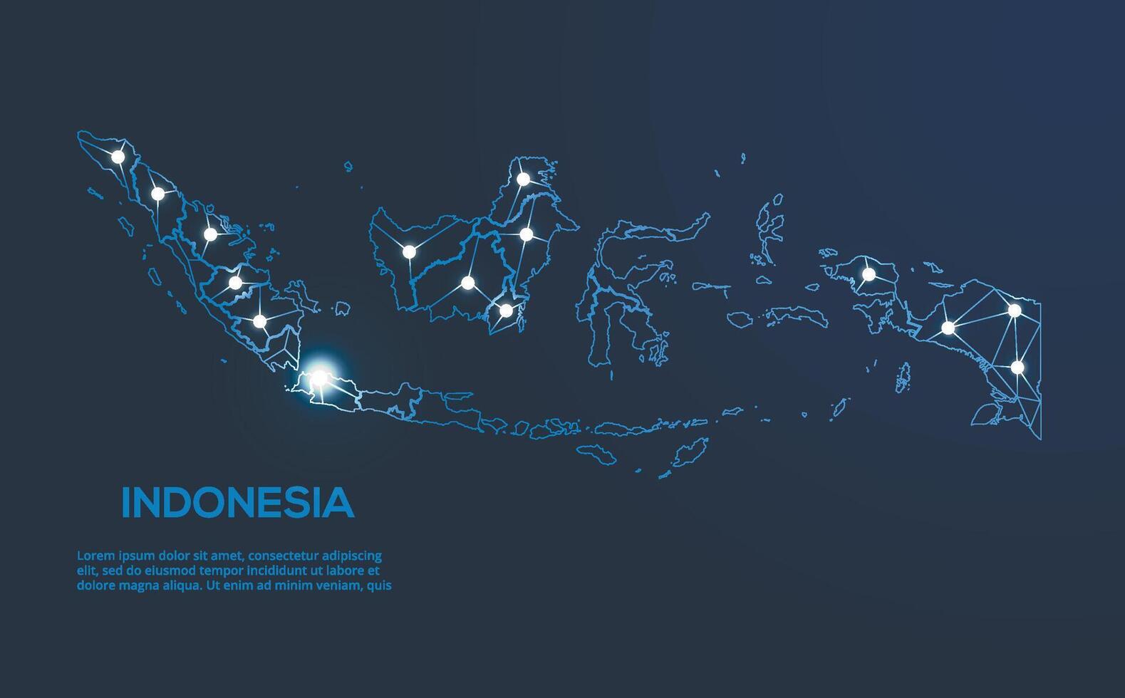 Indonesia communication network map. low poly image of a global map with lights in the form of cities. Map in the form of a constellation, mute and stars. vector