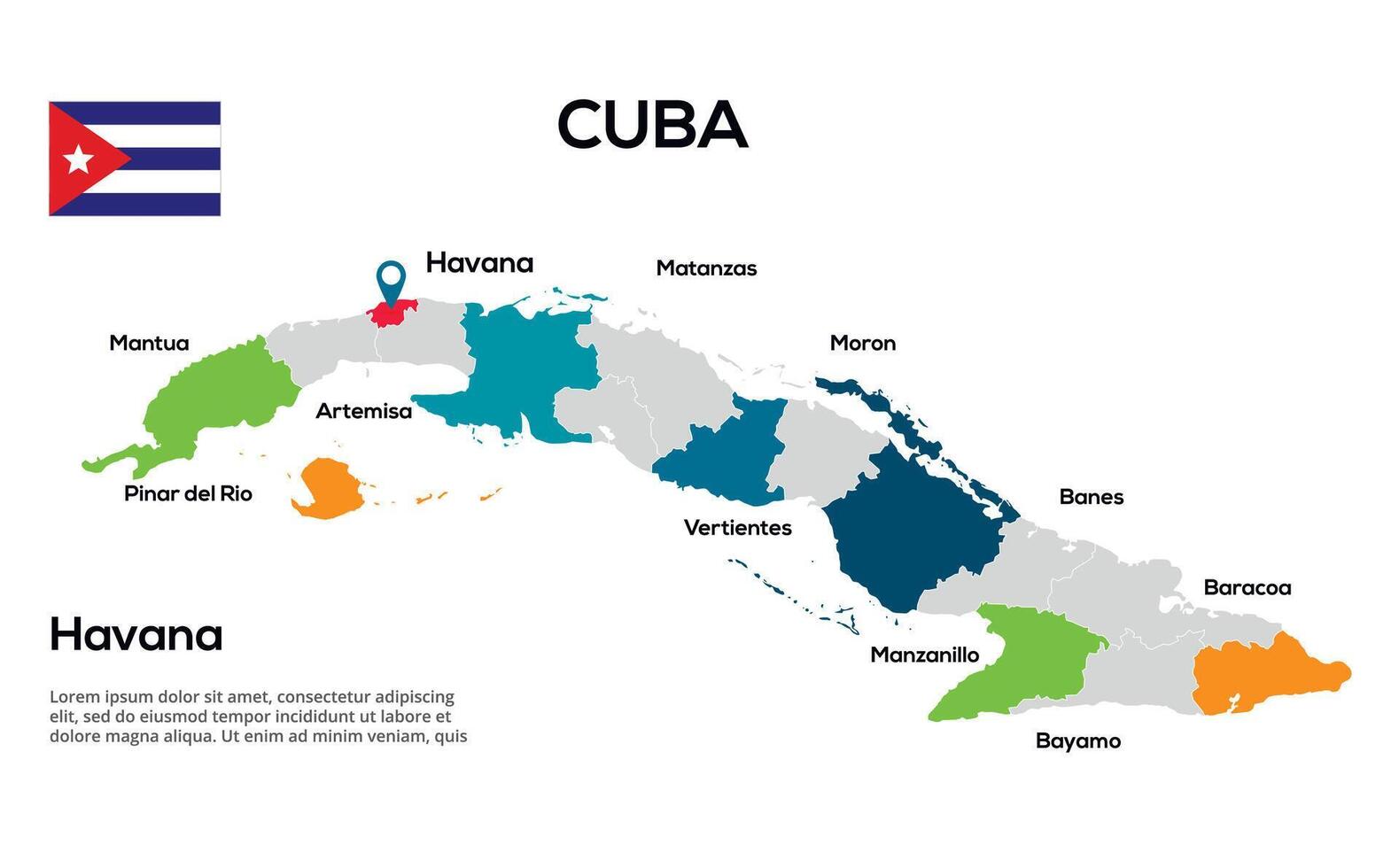 Cuba map. image of a global map in the form of regions of regions. Country flag. Infographic timeline. Easy to edit vector
