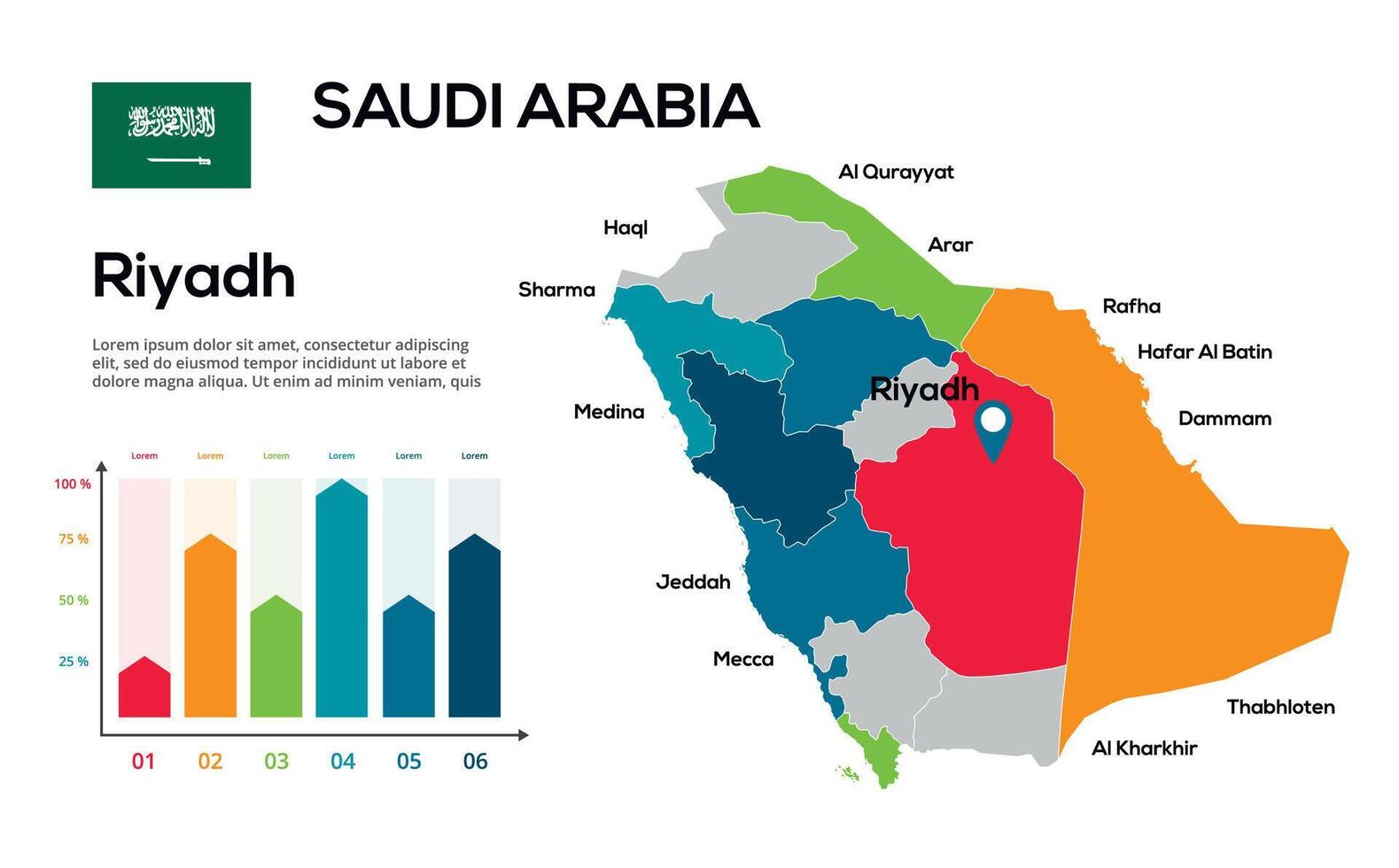 Saudi Arabia map. image of a global map in the form of regions of regions. Country flag. Infographic timeline. Easy to edit vector