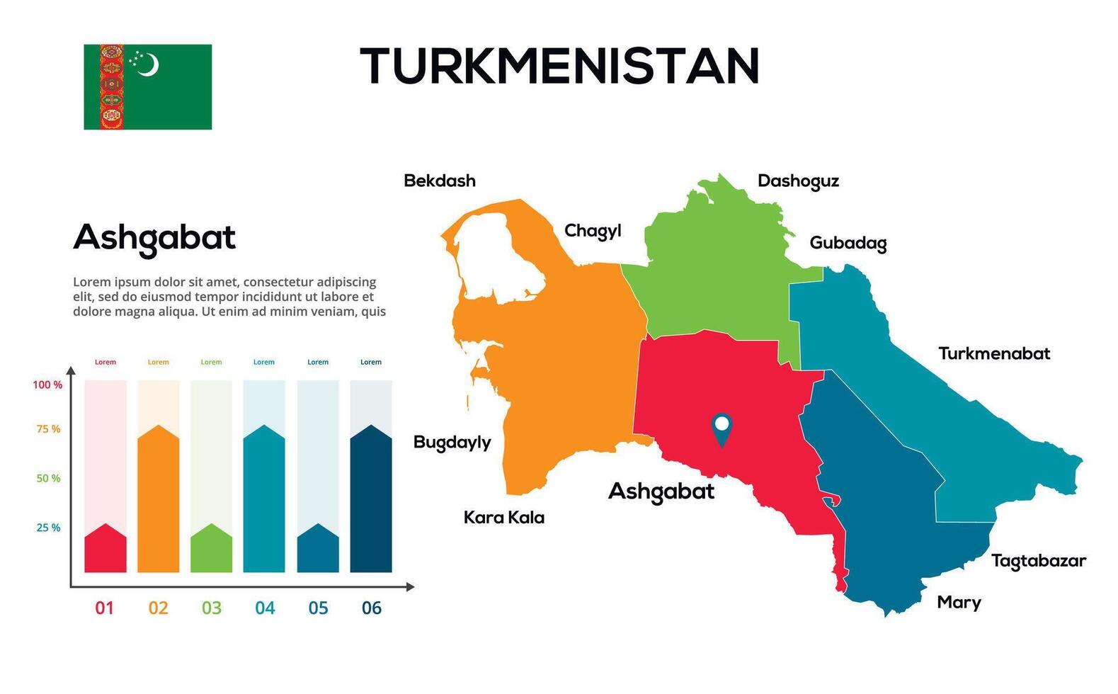 Turkmenistan map. image of a global map in the form of regions of regions. Country flag. Infographic timeline. Easy to edit vector