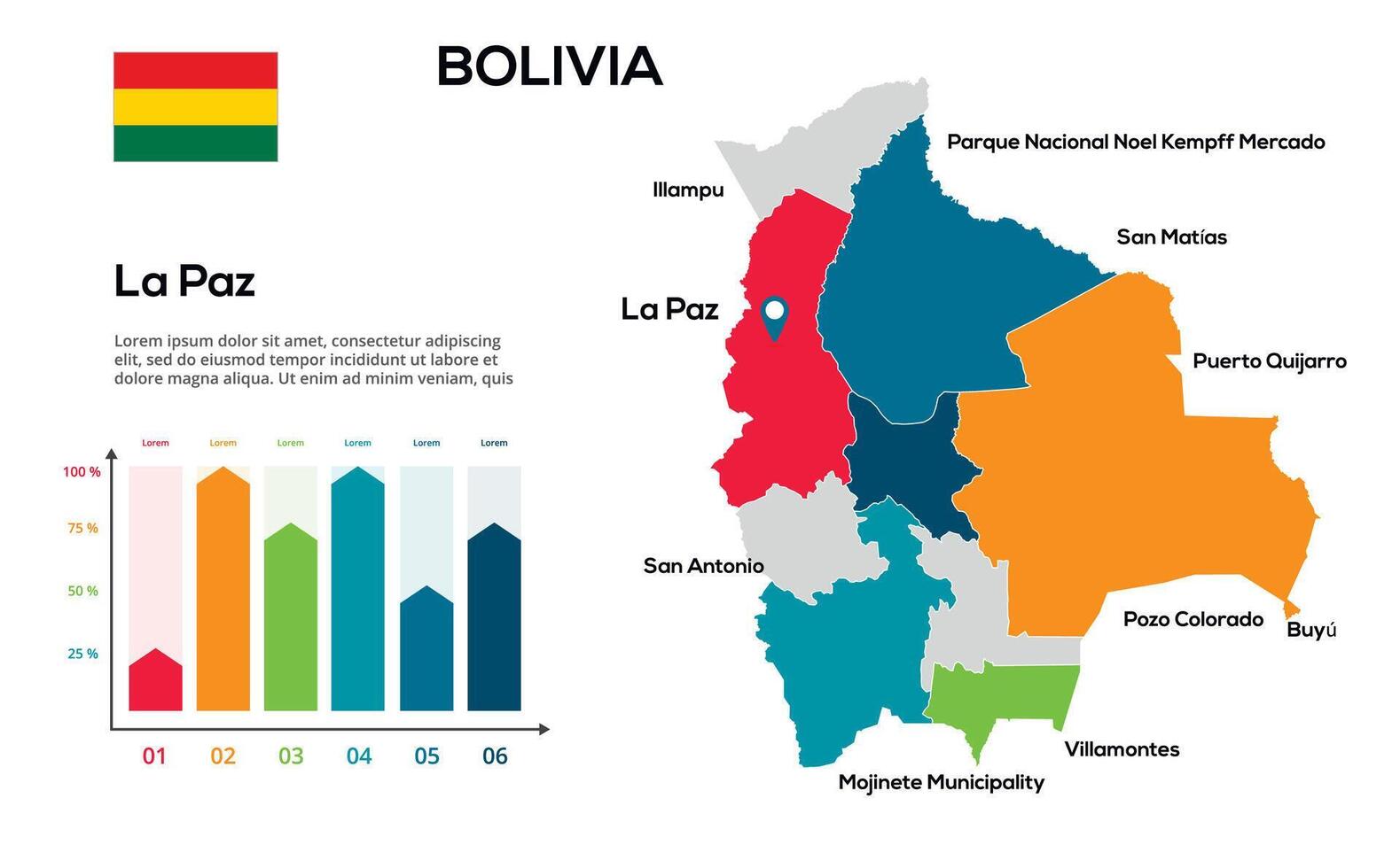 Bolivia map. image of a global map in the form of regions of regions. Country flag. Infographic timeline. Easy to edit vector