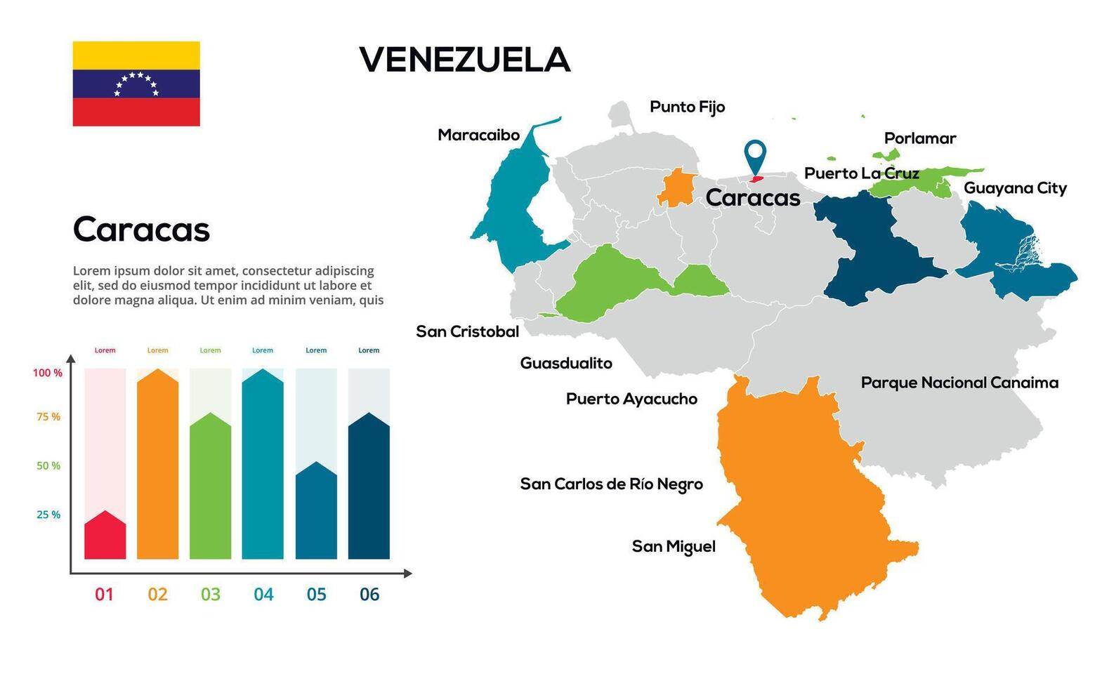 Venezuela map. image of a global map in the form of regions of regions. Country flag. Infographic timeline. Easy to edit vector