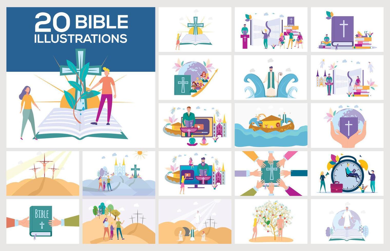 Set illustrations. Christian people read the Holy Bible and learn about the Word of God. Jesus vector