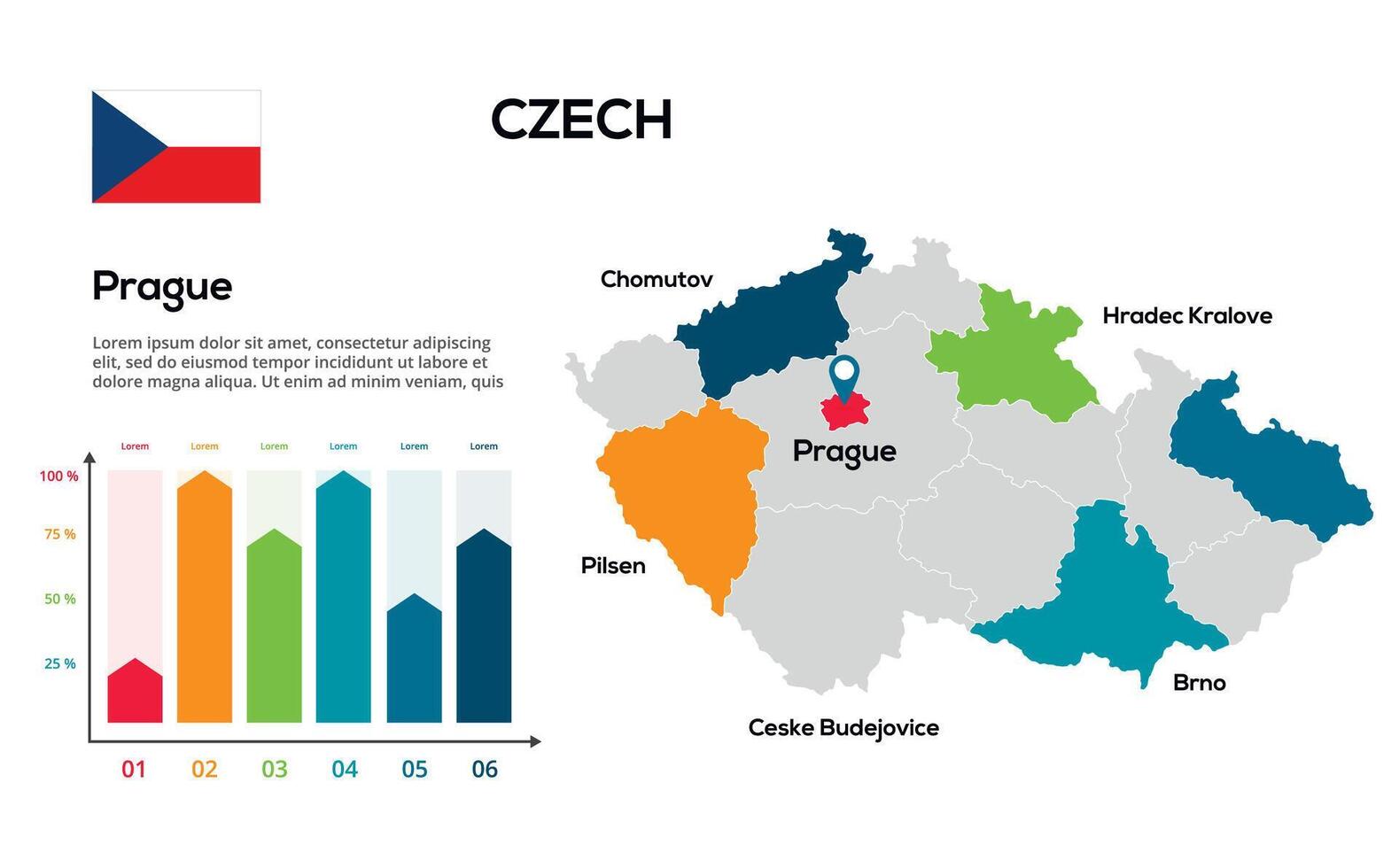 chech map. image of a global map in the form of regions of regions. Country flag. Infographic timeline. Easy to edit vector
