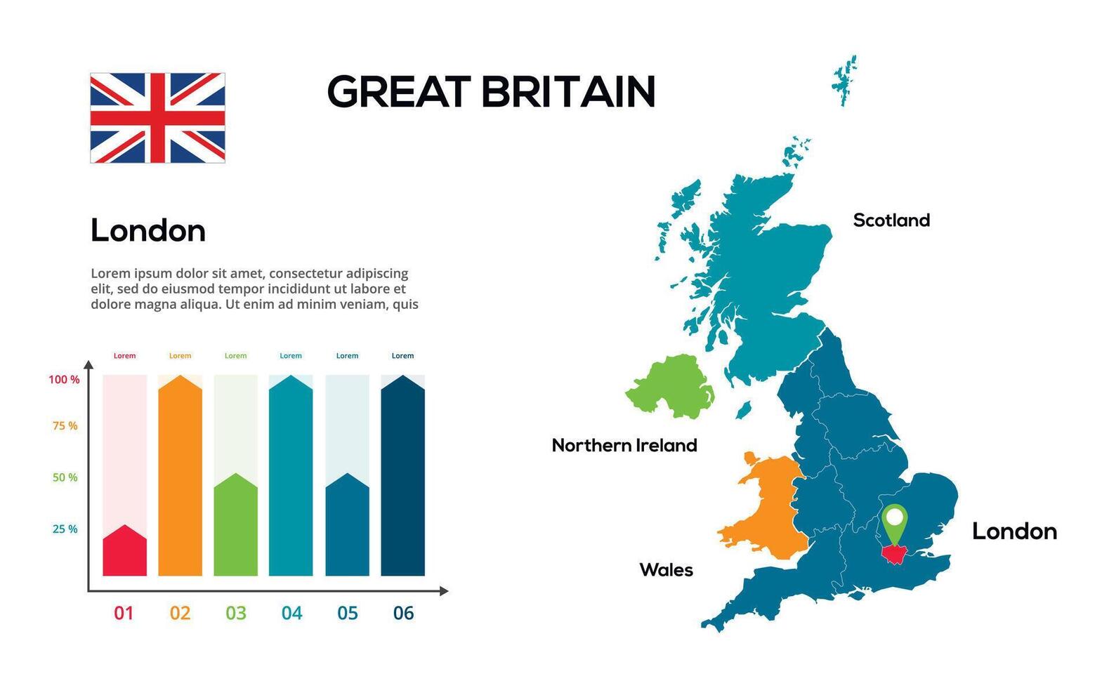 Ggeat Britain map. image of a global map in the form of regions of regions. Country flag. Infographic timeline. Easy to edit vector