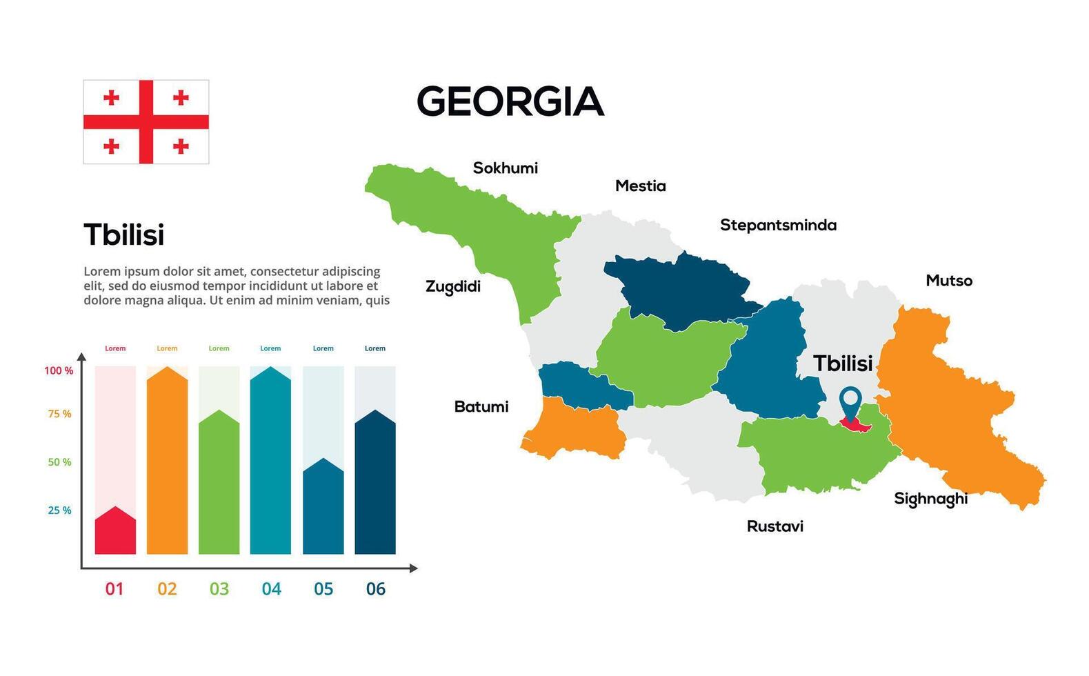 Georggia map. image of a global map in the form of regions of regions. Country flag. Infographic timeline. Easy to edit vector