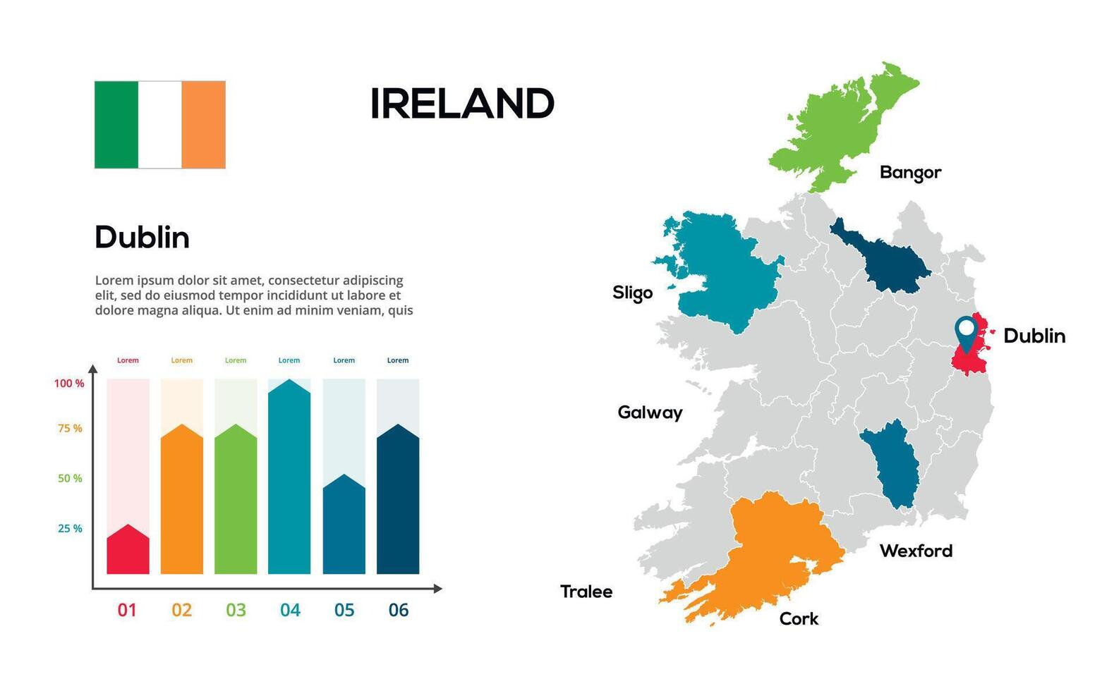 Ireland map. image of a global map in the form of regions of regions. Country flag. Infographic timeline. Easy to edit vector