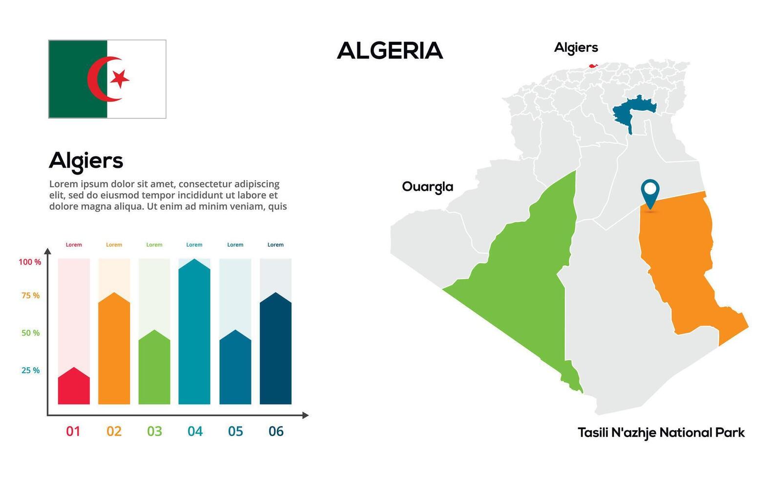 Algeria map. image of a global map in the form of regions of regions. Country flag. Infographic timeline. Easy to edit vector