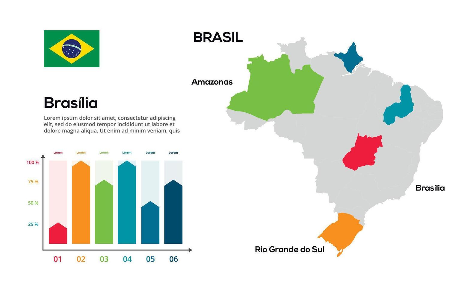 Brasil map. image of a global map in the form of regions of regions. Country flag. Infographic timeline. Easy to edit vector