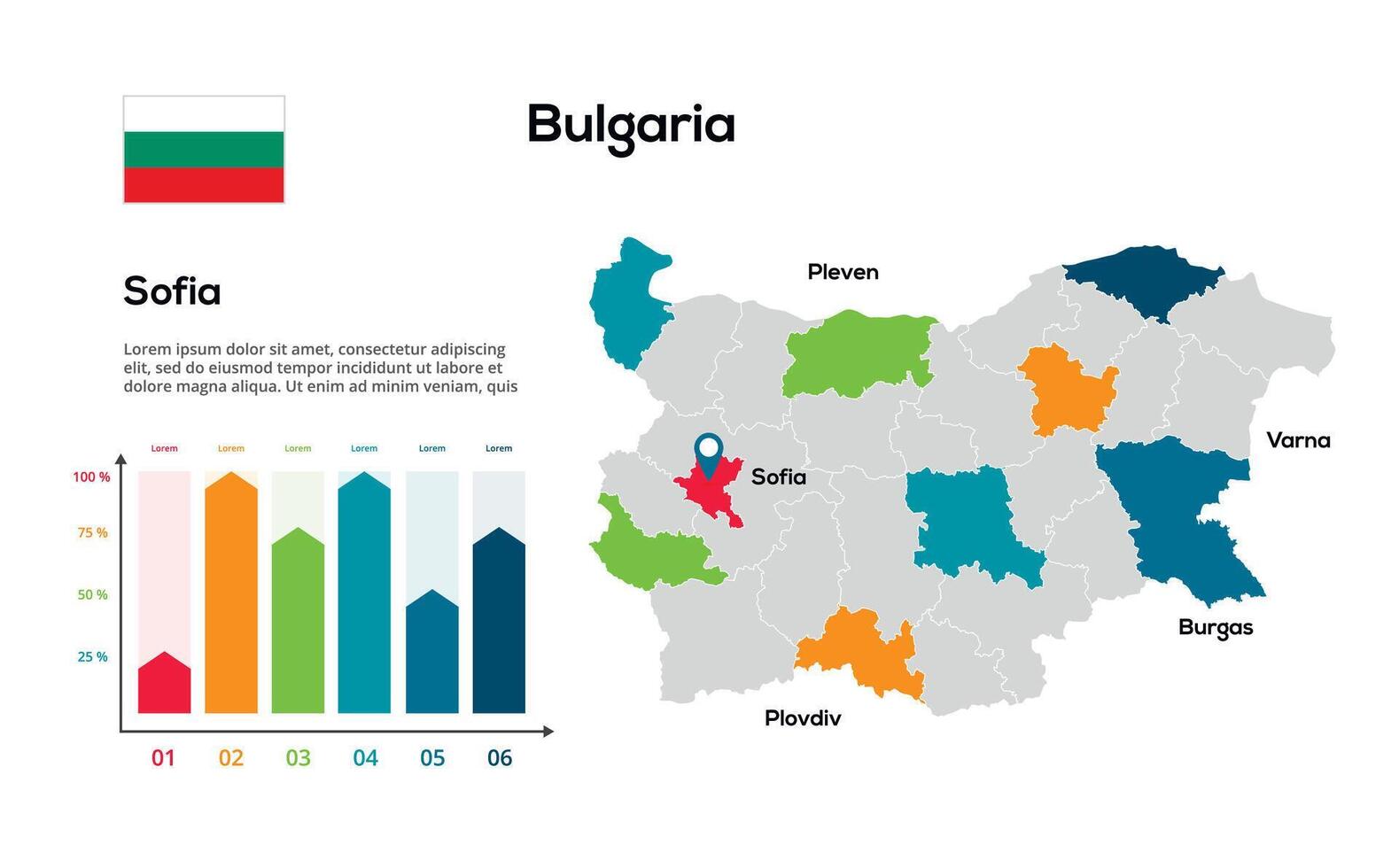 Bulgaria map. image of a global map in the form of regions of regions. Country flag. Infographic timeline. Easy to edit vector