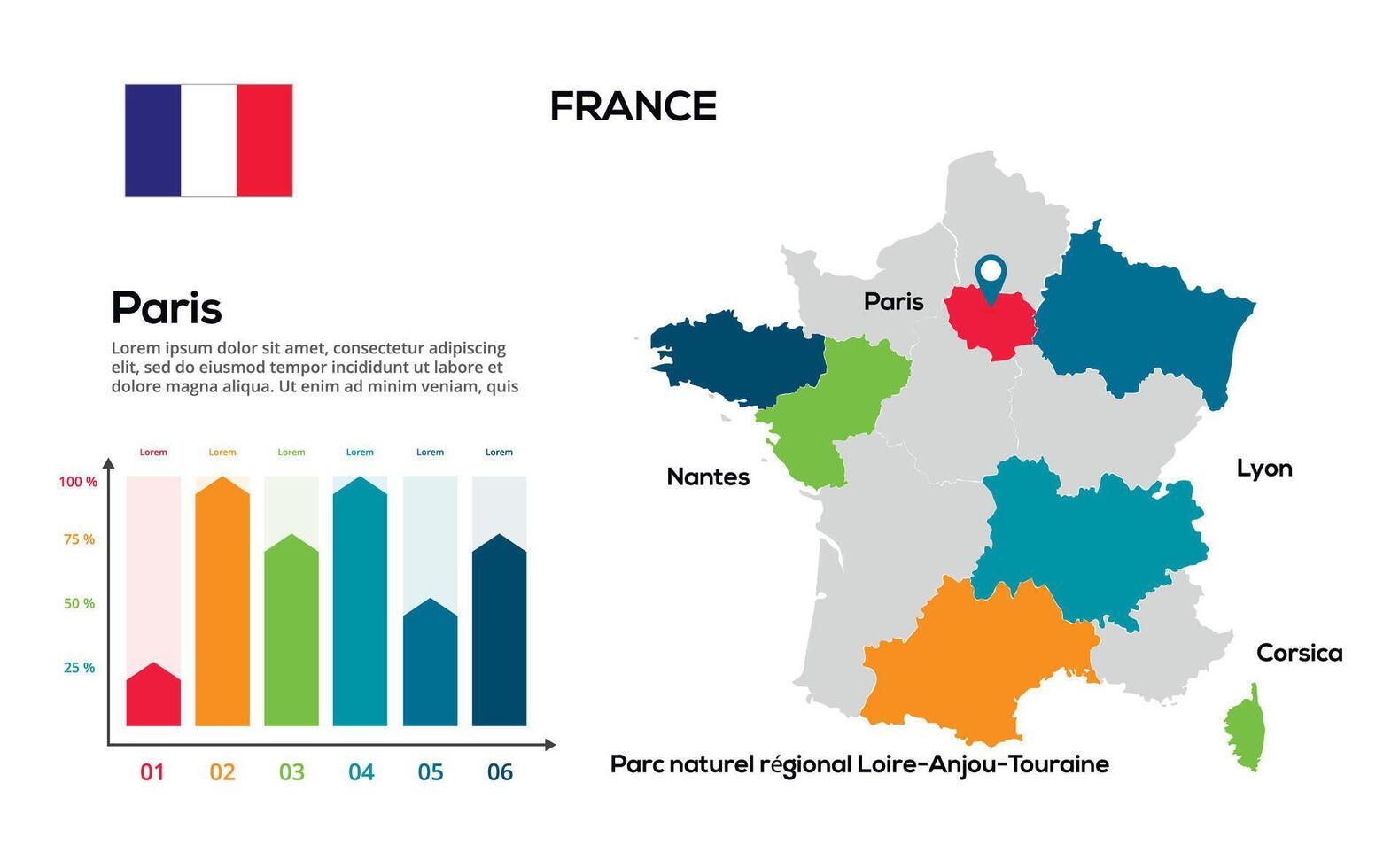 France map. image of a global map in the form of regions of regions. Country flag. Infographic timeline. Easy to edit vector