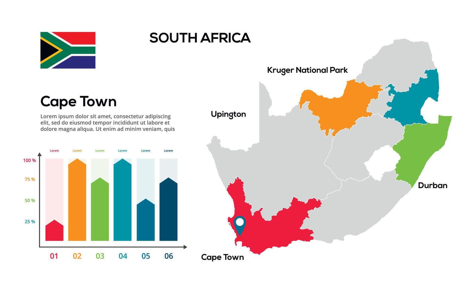 South Africa map. image of a global map in the form of regions of regions. Country flag. Infographic timeline. Easy to edit vector