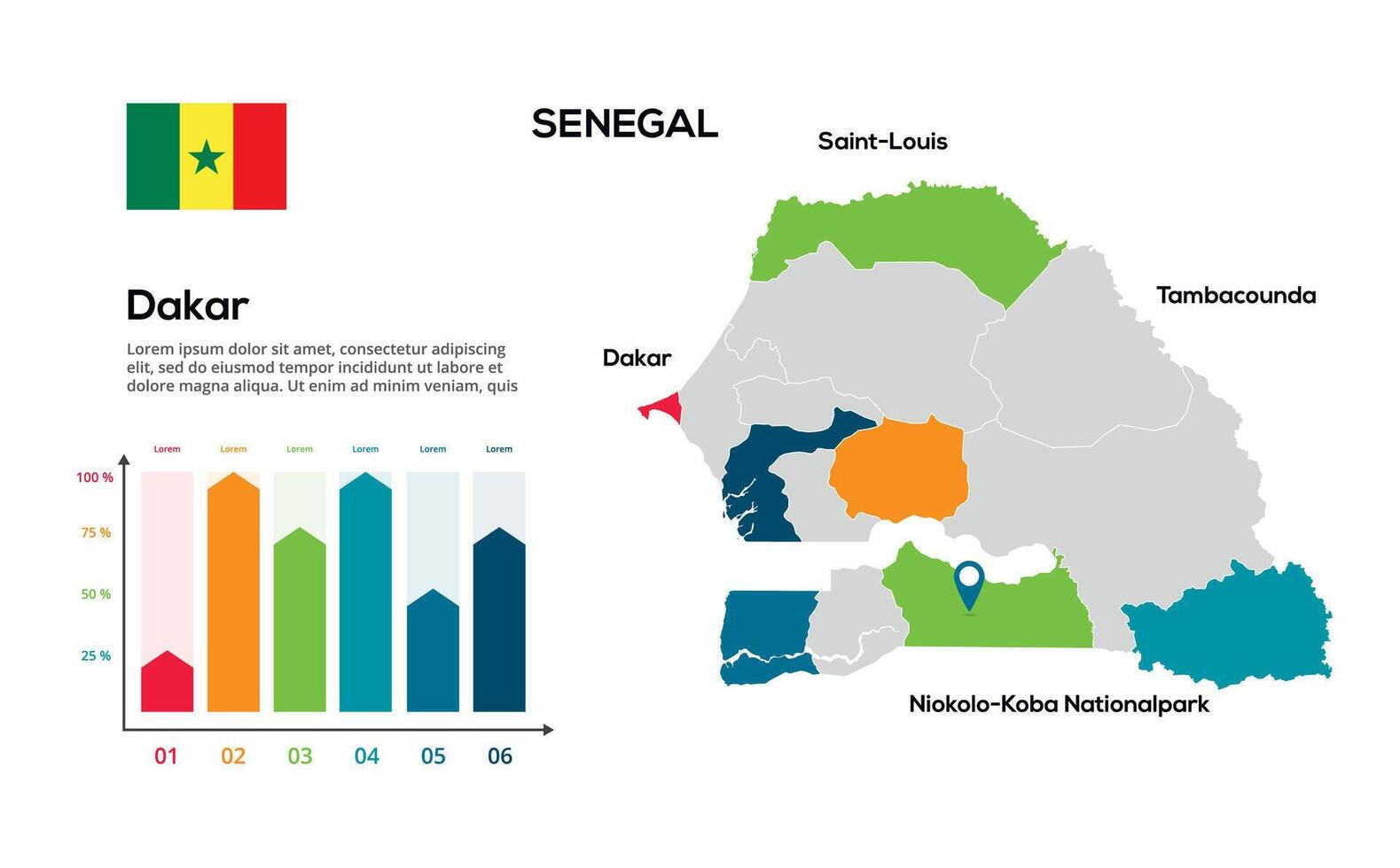 Senegal map. image of a global map in the form of regions of regions. Country flag. Infographic timeline. Easy to edit vector