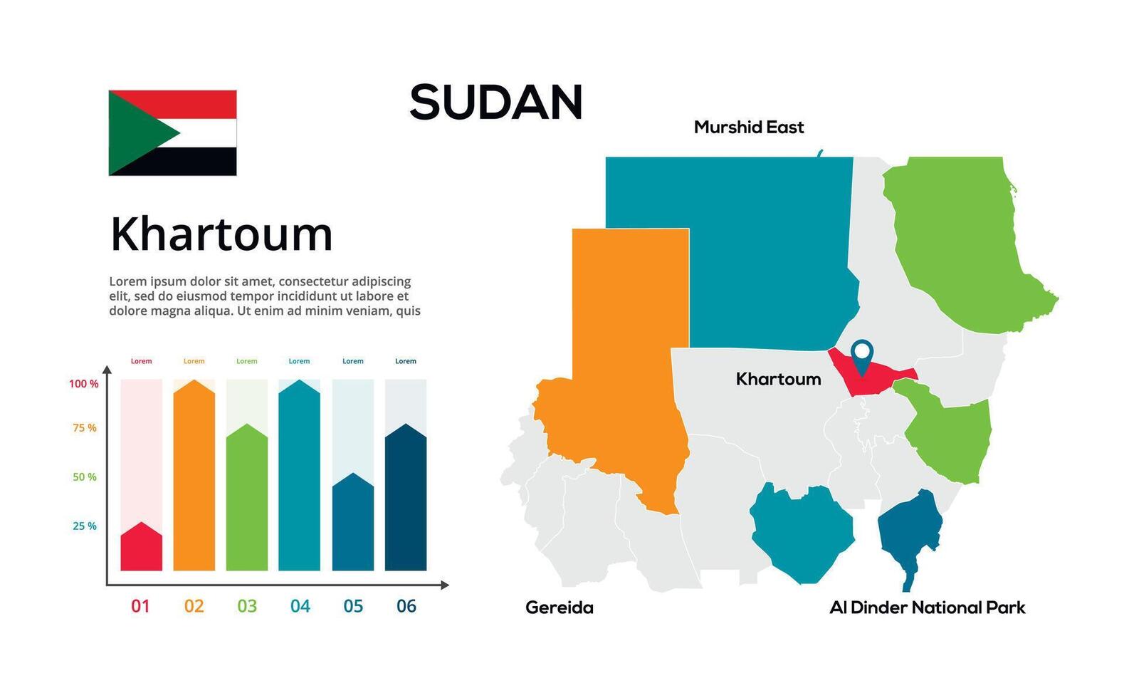 Sudan map. image of a global map in the form of regions of regions. Country flag. Infographic timeline. Easy to edit vector
