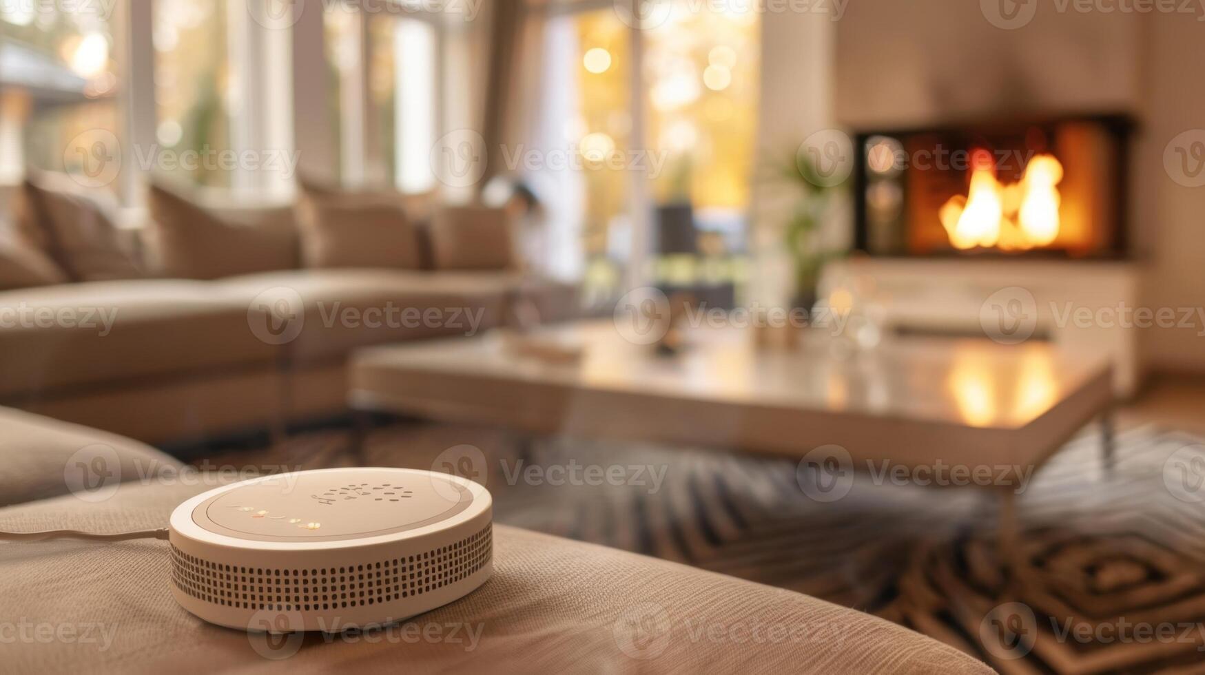 A living room with a smoke and carbon monoxide detector which alerts residents and emergency services in case of danger photo