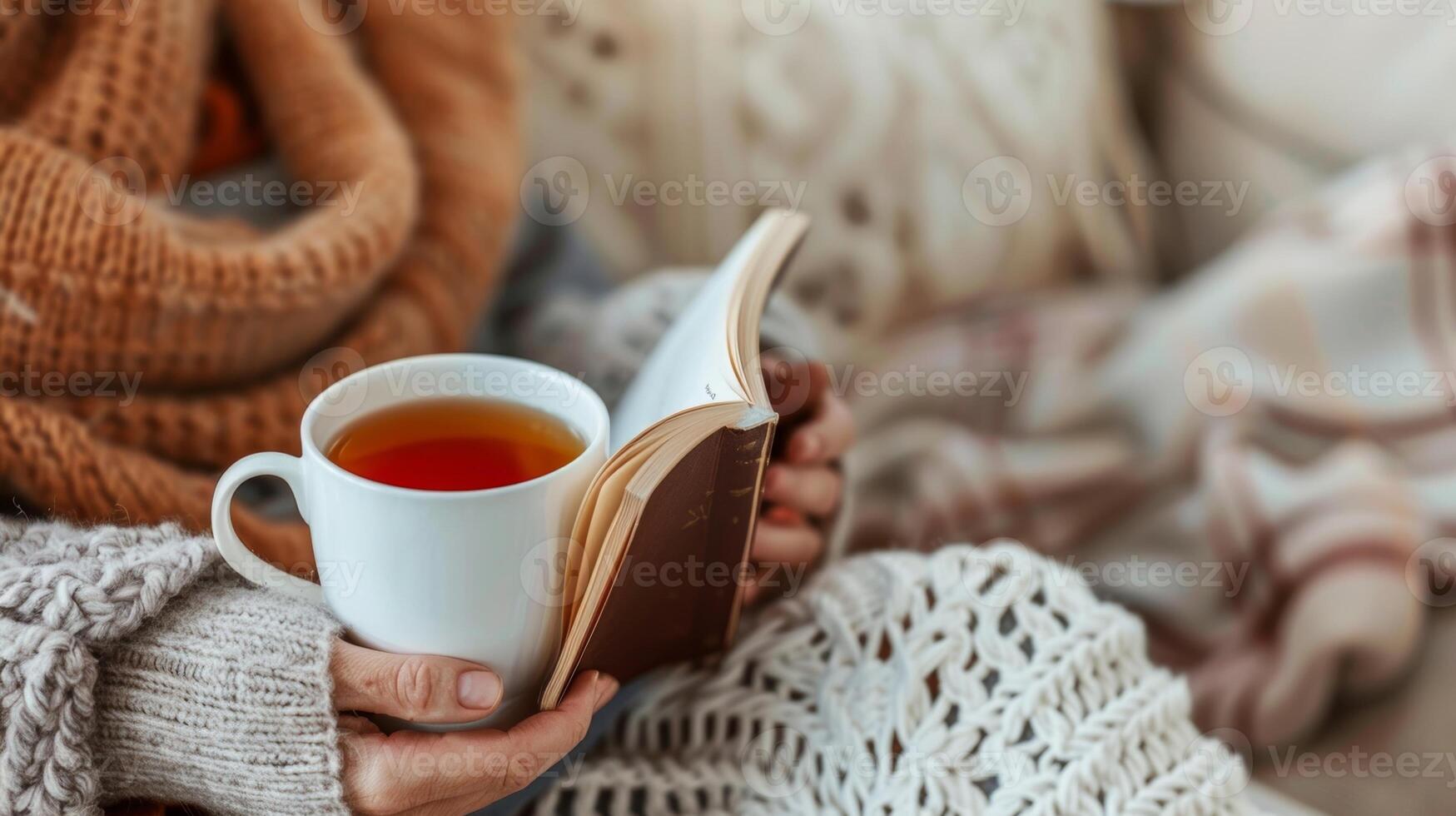 A cozy living room setting with a caregiver cuddled up with a book and a hot cup of tea taking a moment to themselves photo